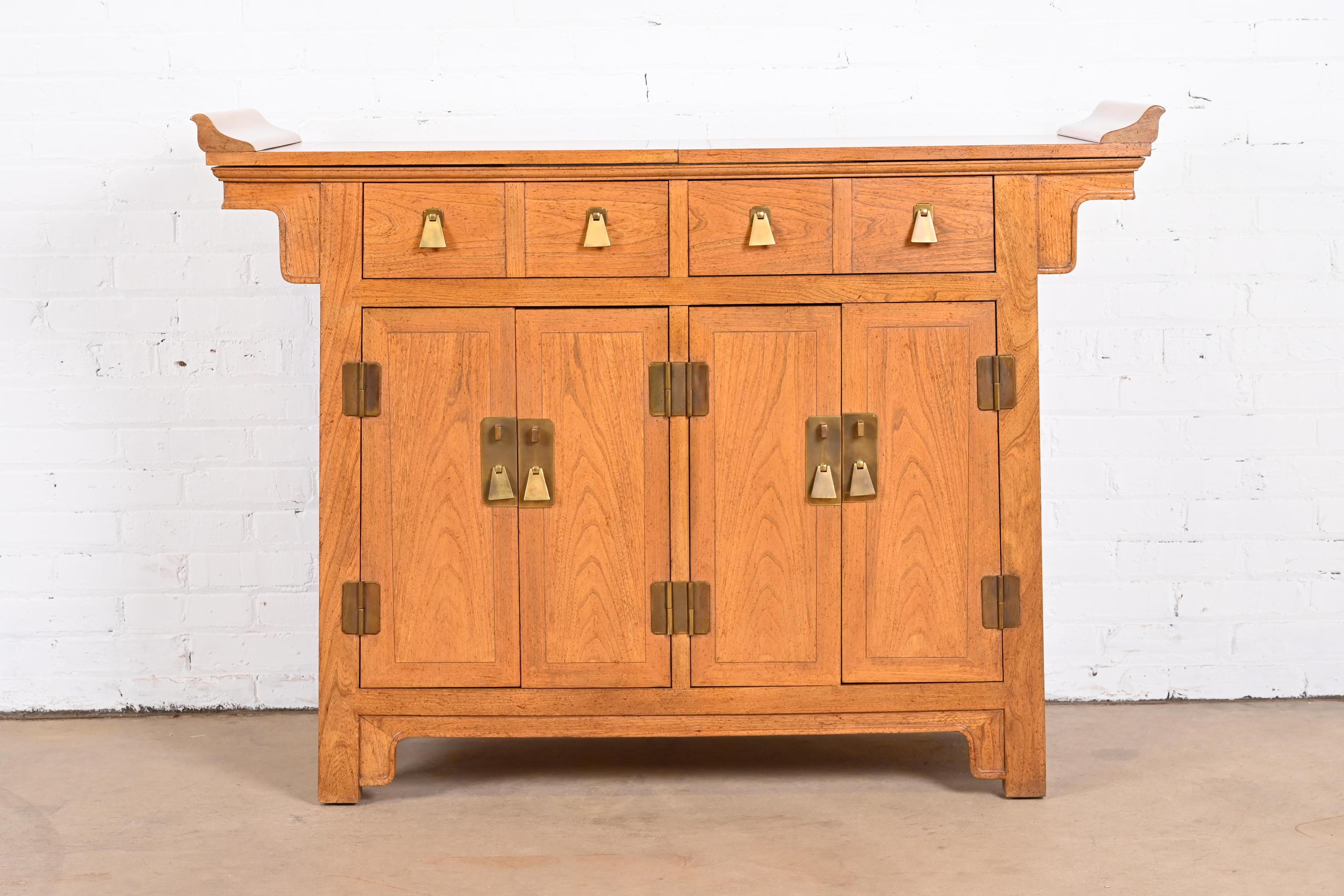 American Michael Taylor for Baker Furniture Chinoiserie Elm Wood Sideboard or Bar Cabinet For Sale