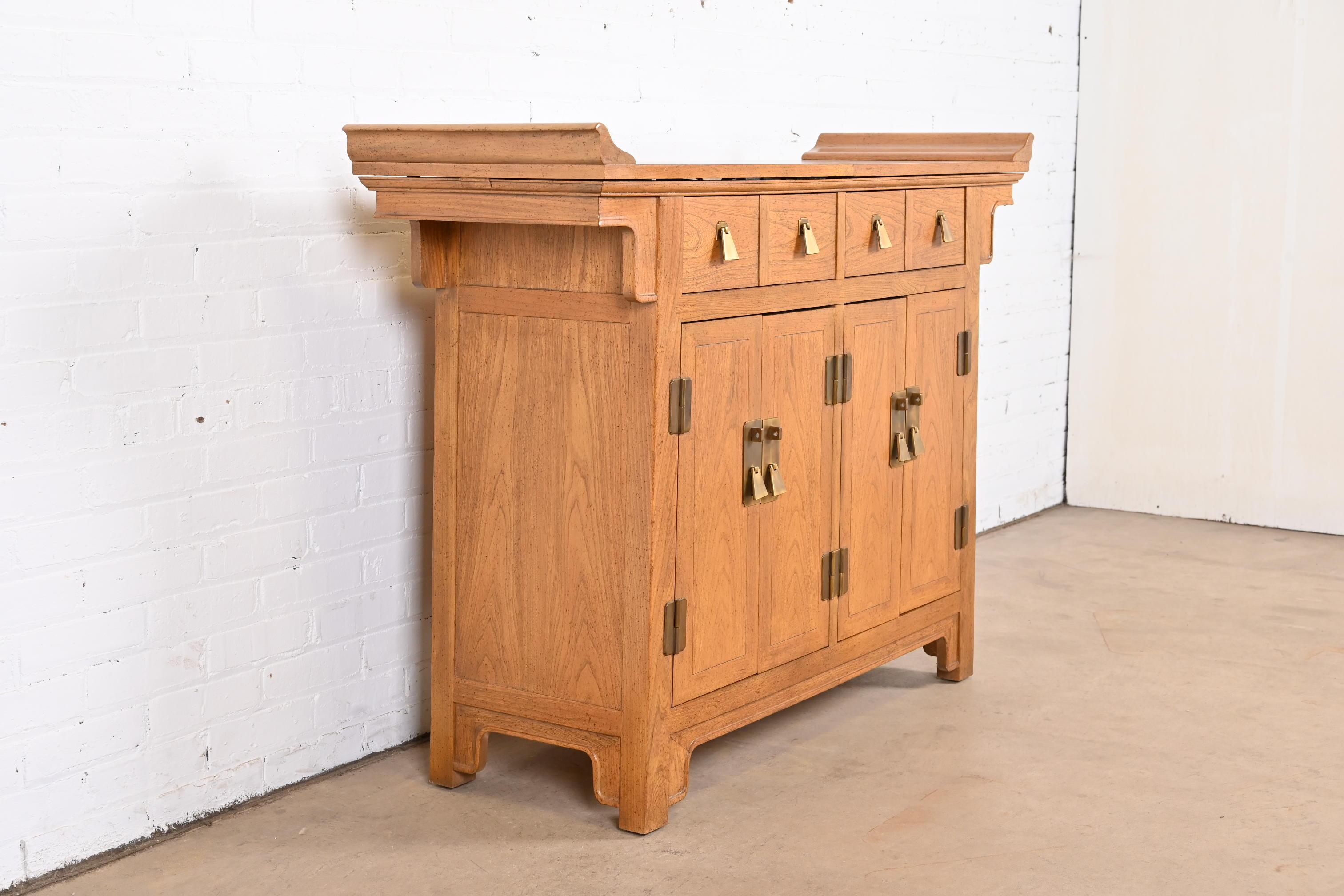 Brass Michael Taylor for Baker Furniture Chinoiserie Elm Wood Sideboard or Bar Cabinet For Sale