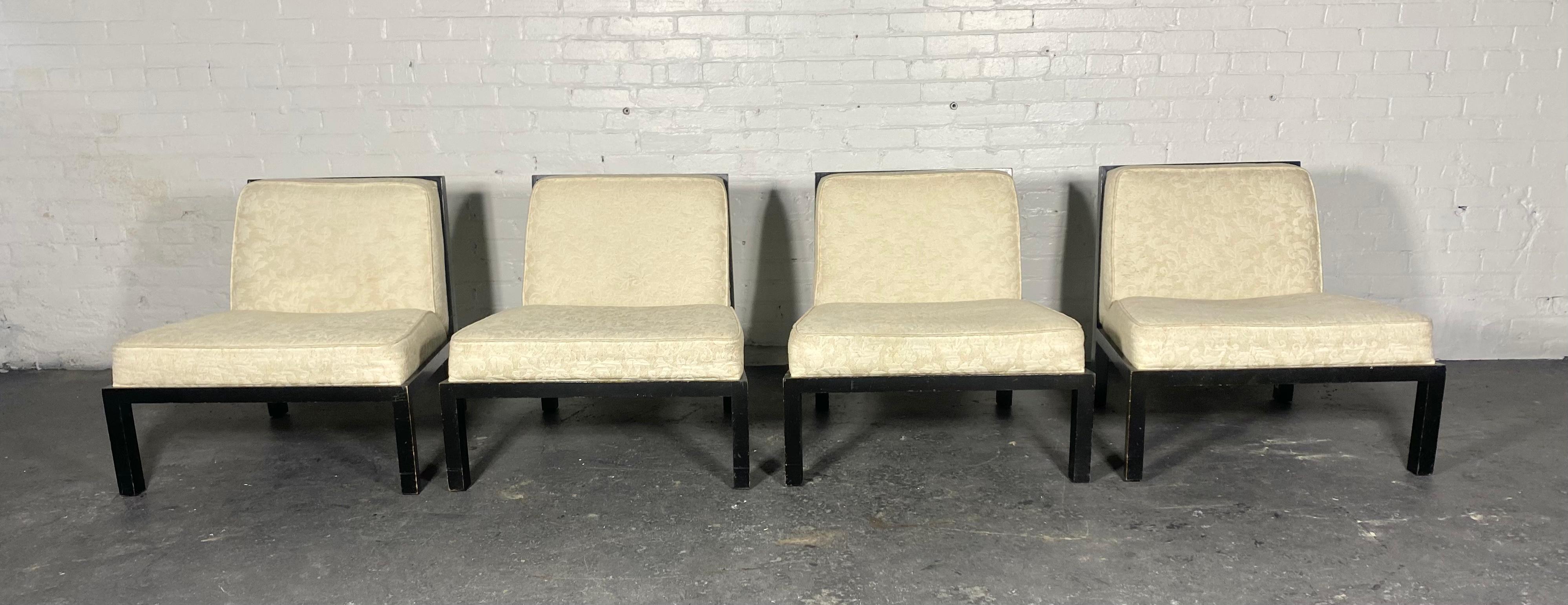 Set of 4 Matching American mid-century slipper chairs with wood lacquered frames with rectangular grid designed back and square legs, with fabric upholstered seat and back cushions. Classic modernist design,Superior quality and construction.. Retain