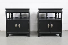 Michael Taylor for Baker Furniture Far East Black Lacquered Pair of Nightstands