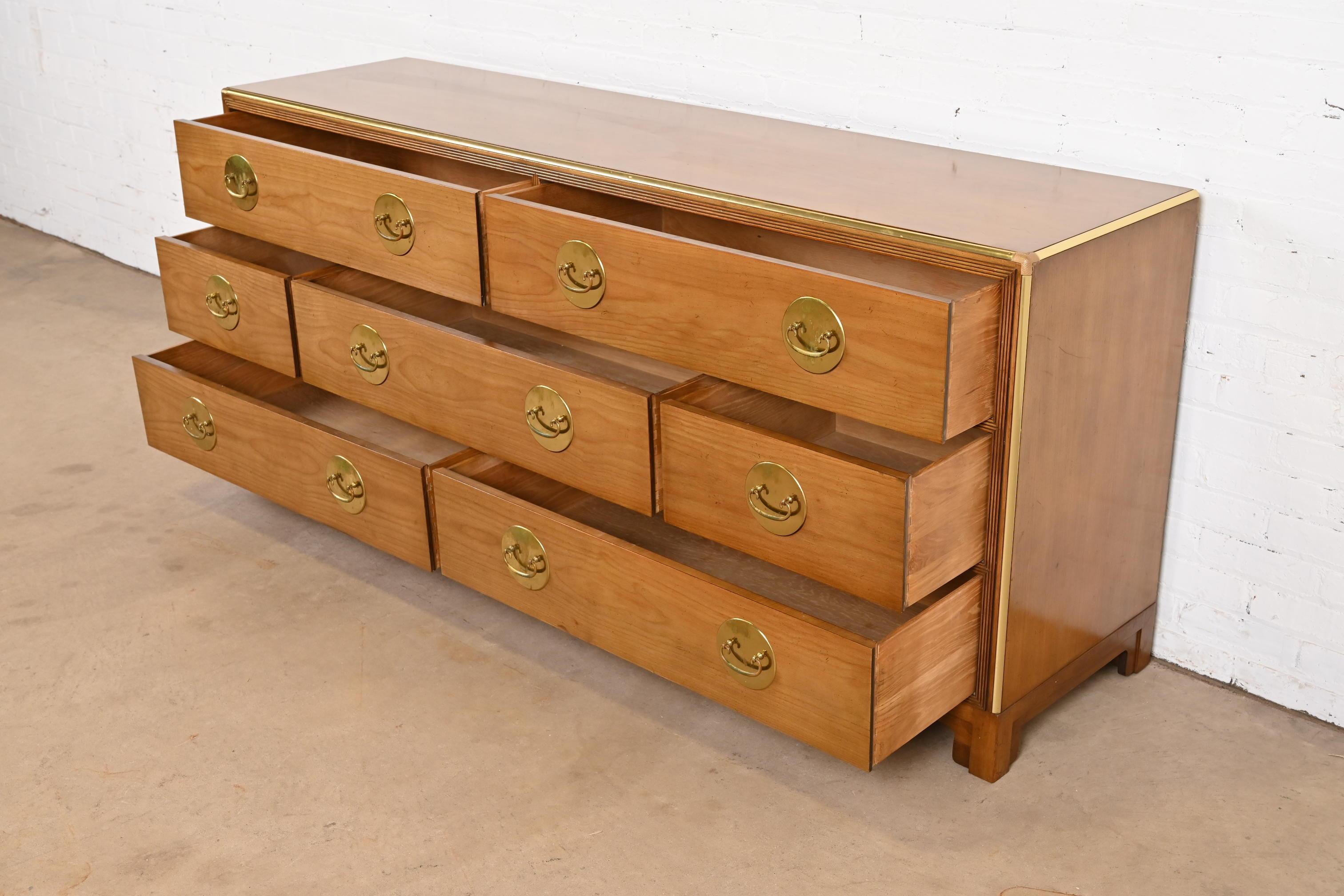Michael Taylor for Baker Furniture Hollywood Regency Cherry and Brass Dresser For Sale 1