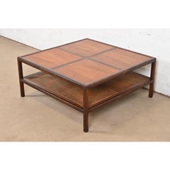 Michael Taylor for Baker Furniture Walnut and Cane Two-Tier Coffee Table, 1950s