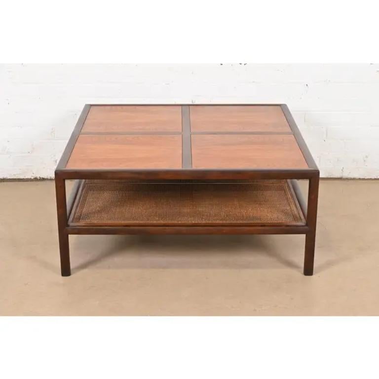 Mid-Century Modern Michael Taylor for Baker Furniture Walnut and Cane Two-Tier Coffee Table, 1950s