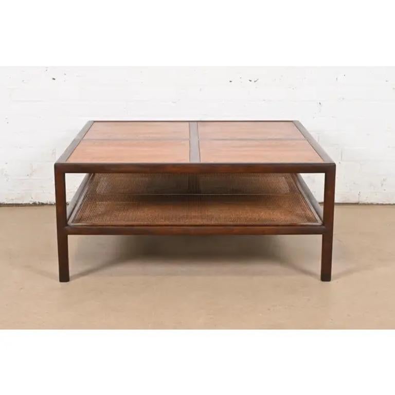 American Michael Taylor for Baker Furniture Walnut and Cane Two-Tier Coffee Table, 1950s