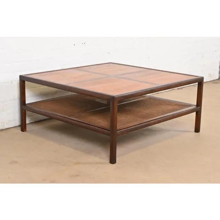 Michael Taylor for Baker Furniture Walnut and Cane Two-Tier Coffee Table, 1950s In Good Condition In South Bend, IN