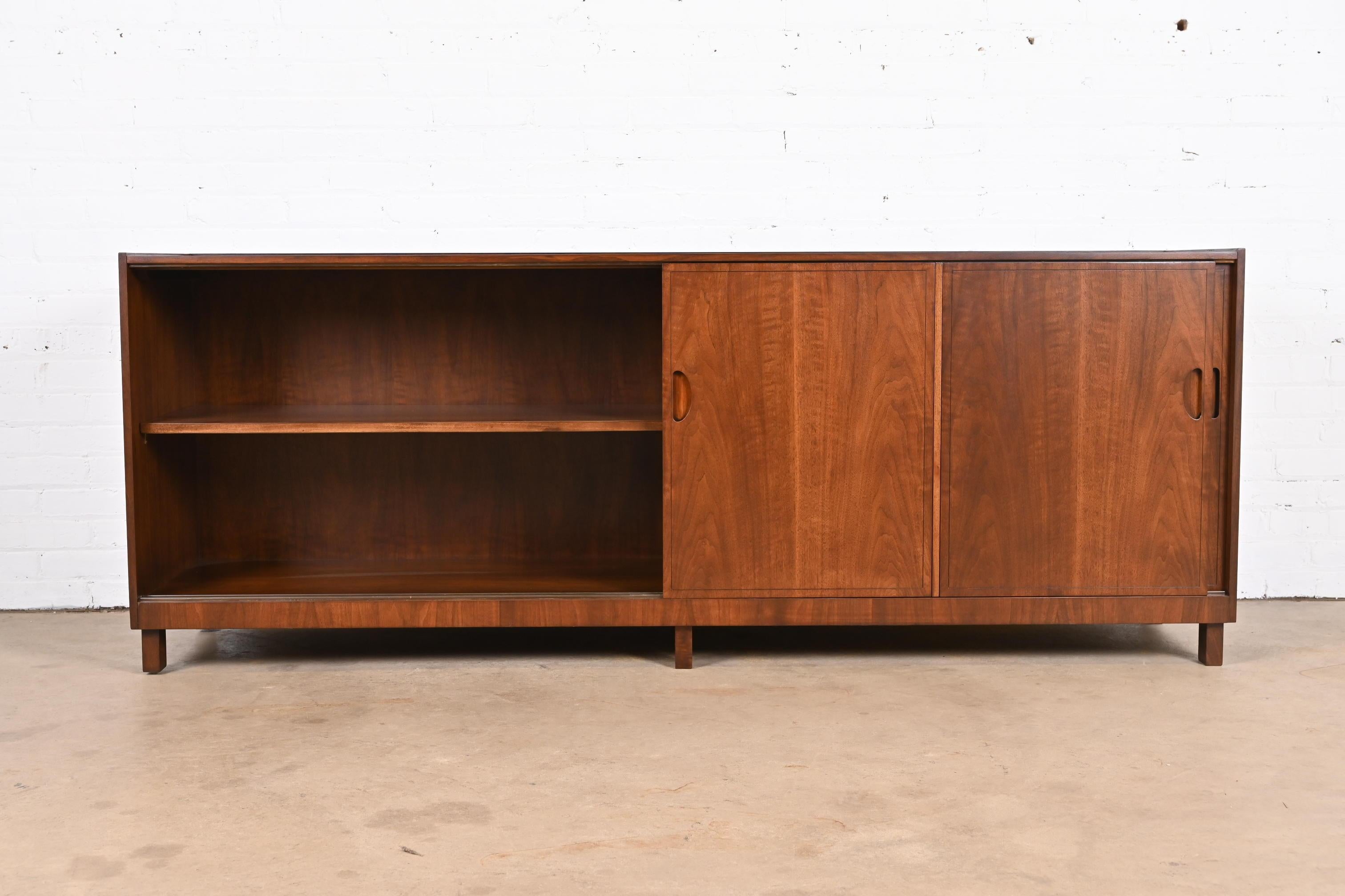 Michael Taylor for Baker Furniture Walnut Credenza or Bar Cabinet, Refinished For Sale 1