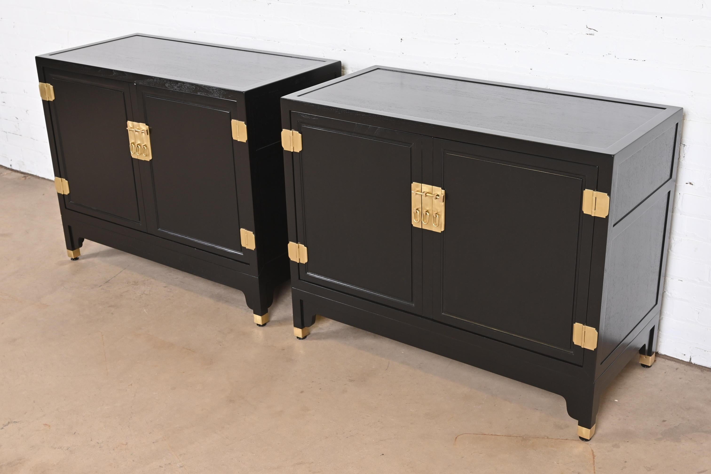 Michael Taylor for Baker Hollywood Regency Black Lacquered Bar Cabinets, Pair In Good Condition For Sale In South Bend, IN