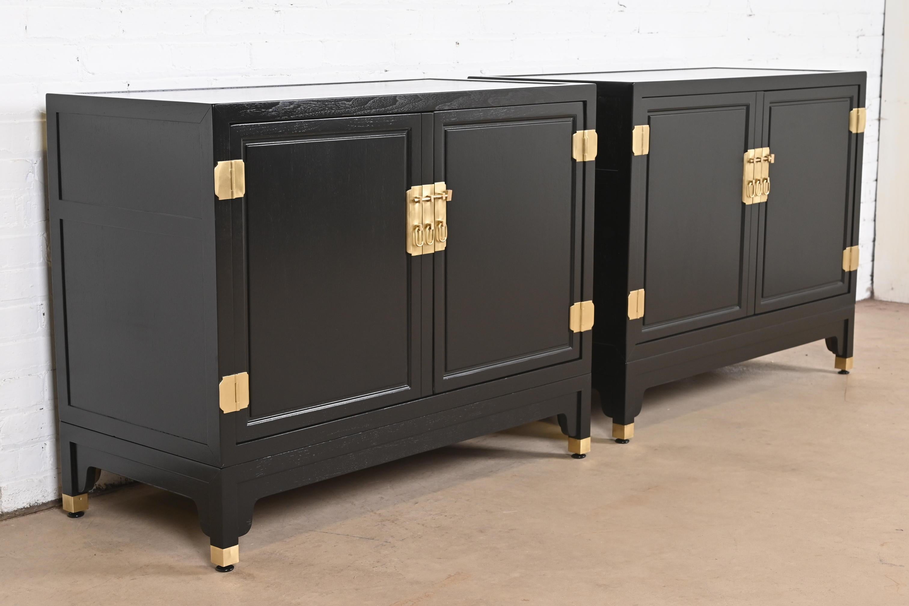 Mid-20th Century Michael Taylor for Baker Hollywood Regency Black Lacquered Bar Cabinets, Pair