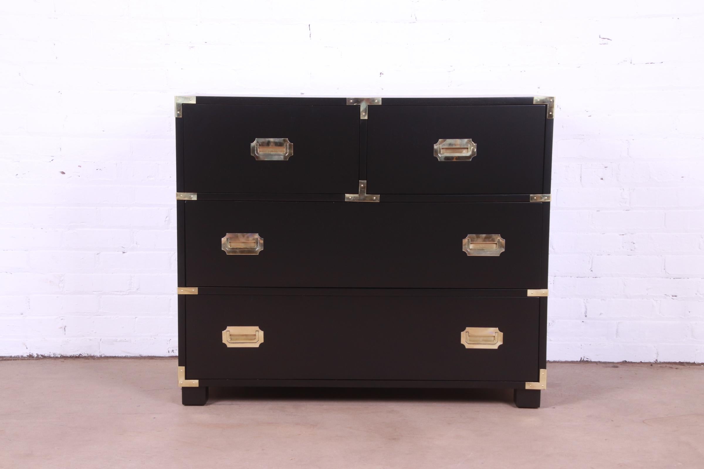 American Michael Taylor for Baker Hollywood Regency Black Lacquered Campaign Chest