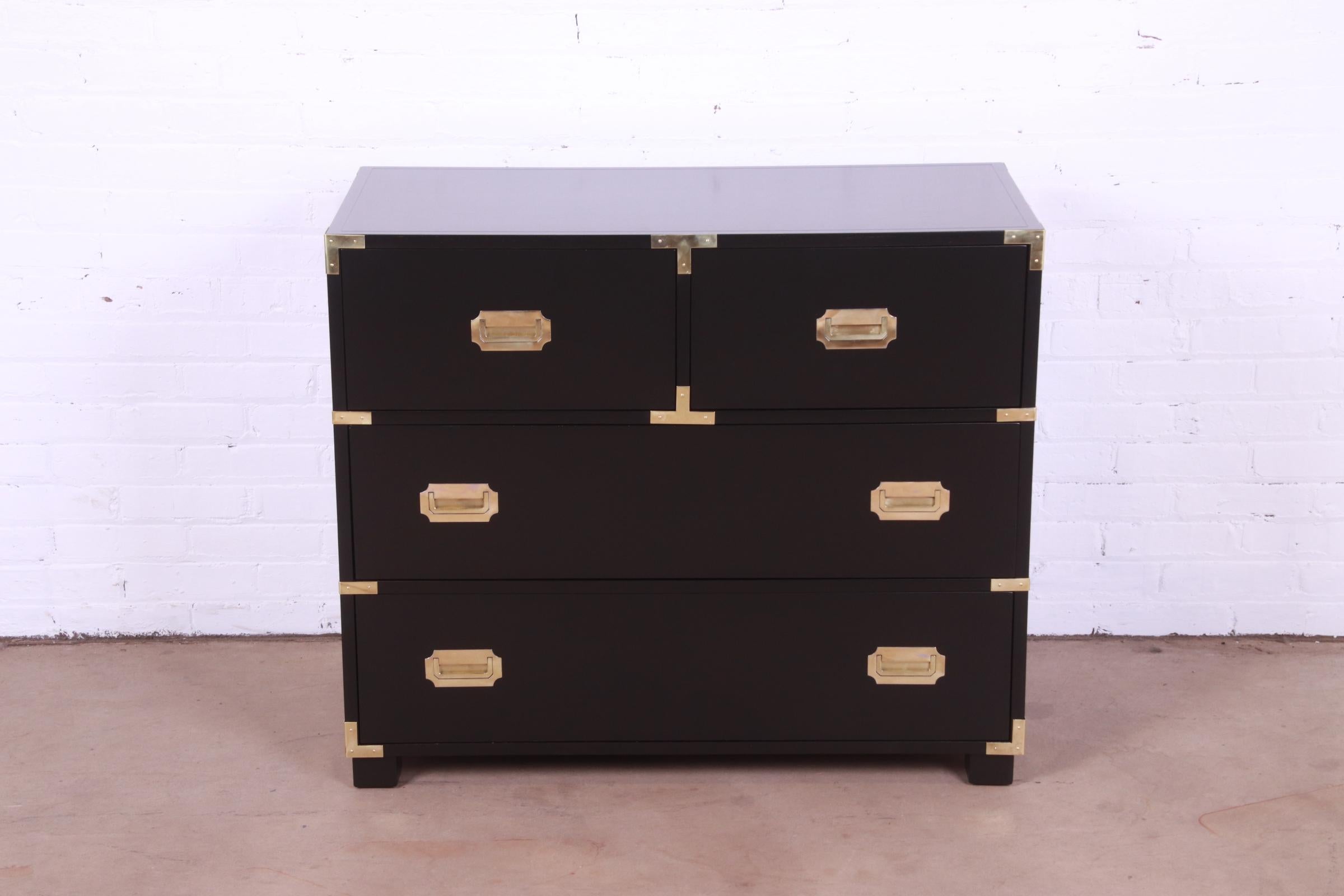 Michael Taylor for Baker Hollywood Regency Black Lacquered Campaign Chest In Good Condition In South Bend, IN