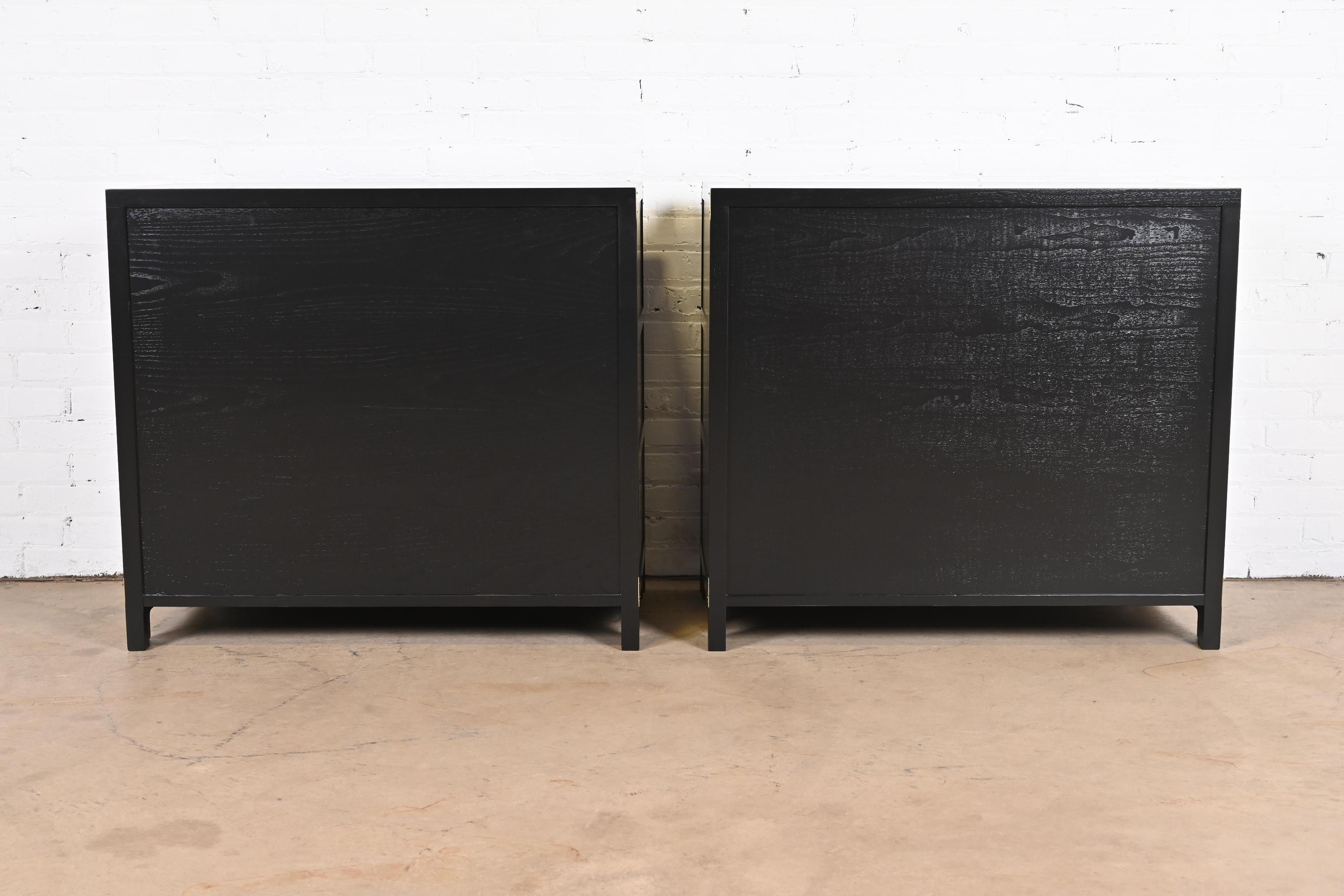Michael Taylor for Baker Hollywood Regency Black Lacquered Campaign Chests, Pair 6