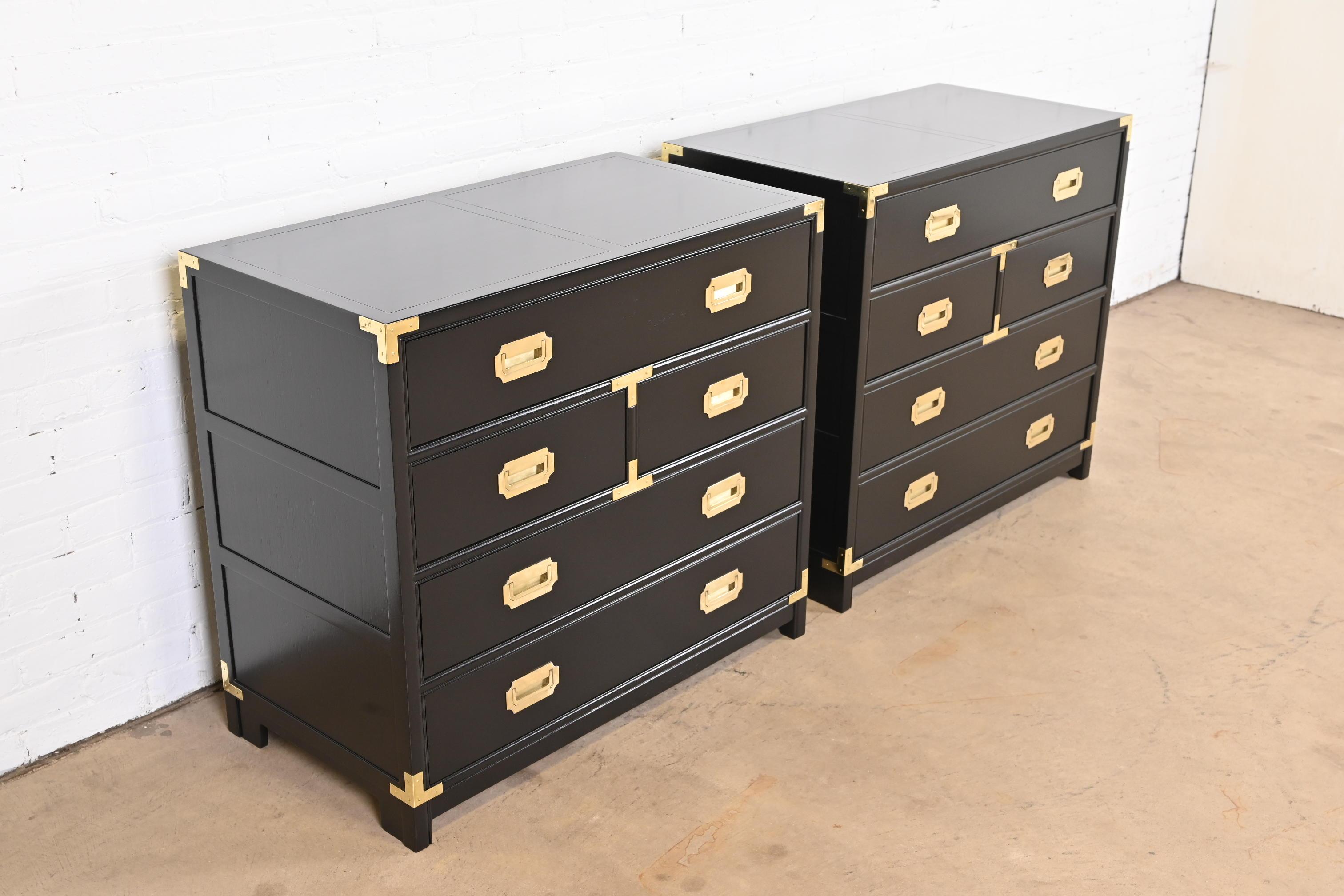 Mid-Century Modern Michael Taylor for Baker Hollywood Regency Black Lacquered Campaign Chests, Pair
