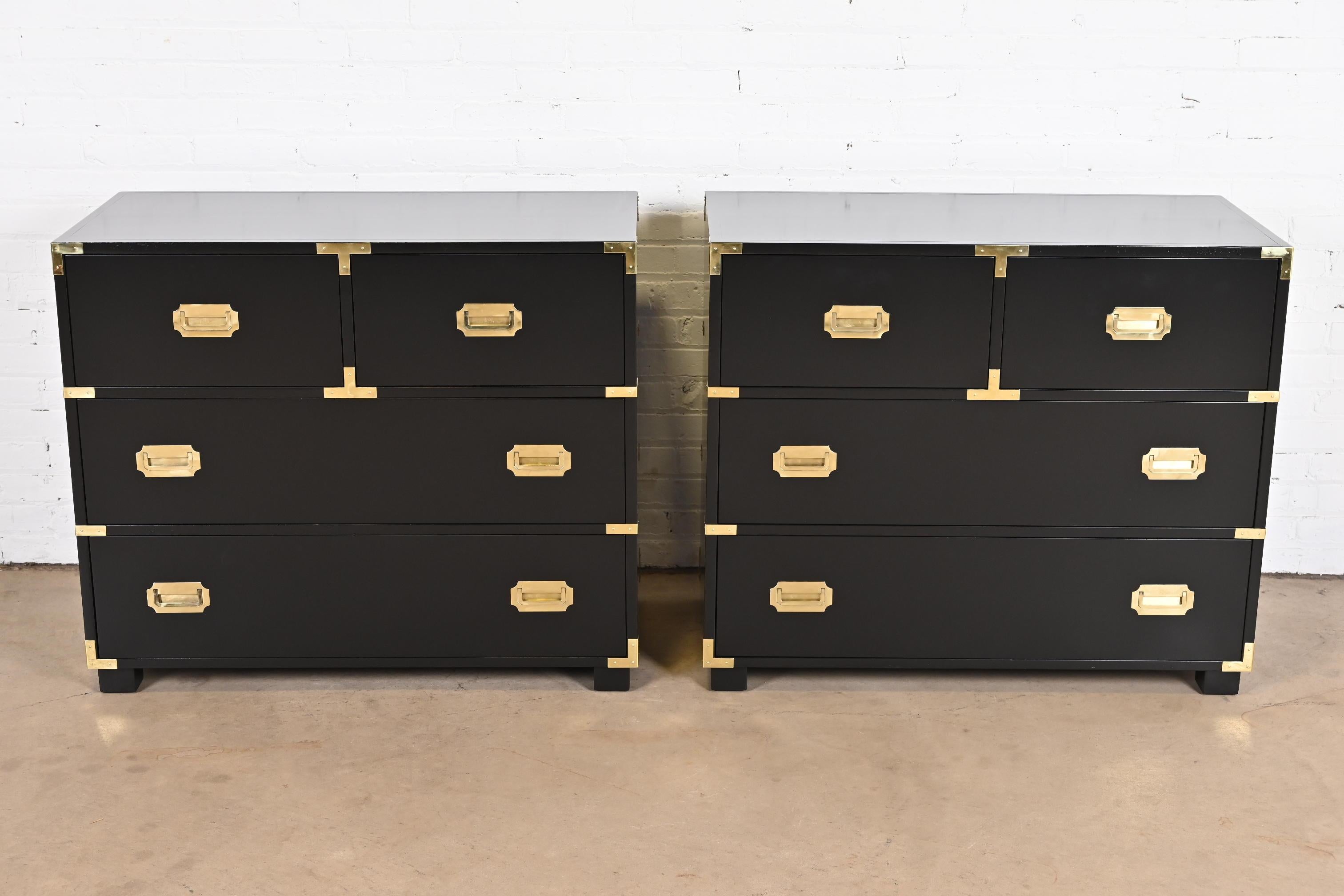 Mid-Century Modern Michael Taylor for Baker Hollywood Regency Black Lacquered Campaign Chests, Pair