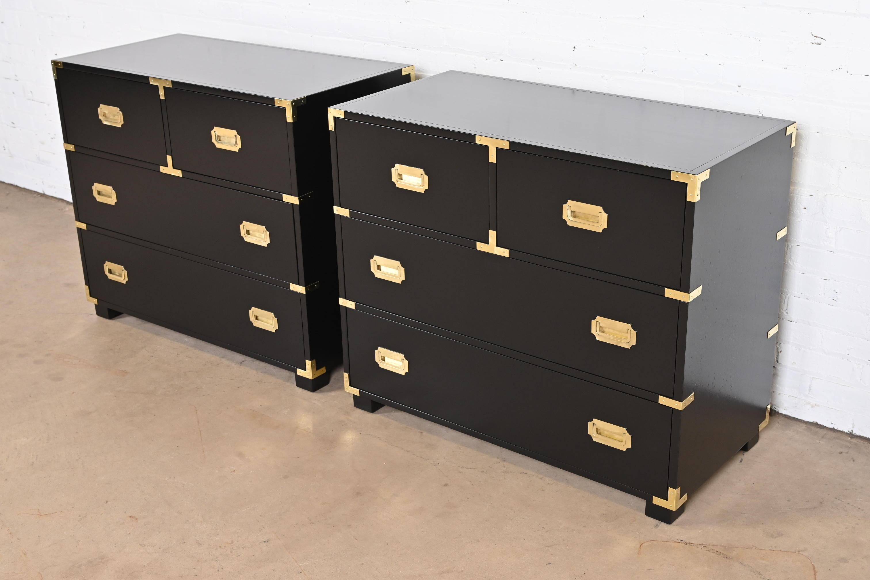 American Michael Taylor for Baker Hollywood Regency Black Lacquered Campaign Chests, Pair