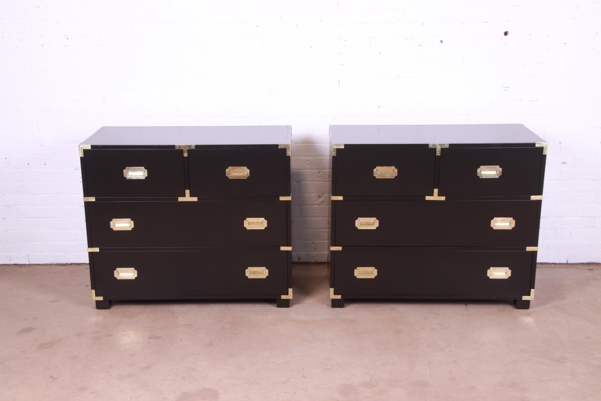 Michael Taylor for Baker Hollywood Regency Black Lacquered Campaign Chests, Pair In Good Condition In South Bend, IN