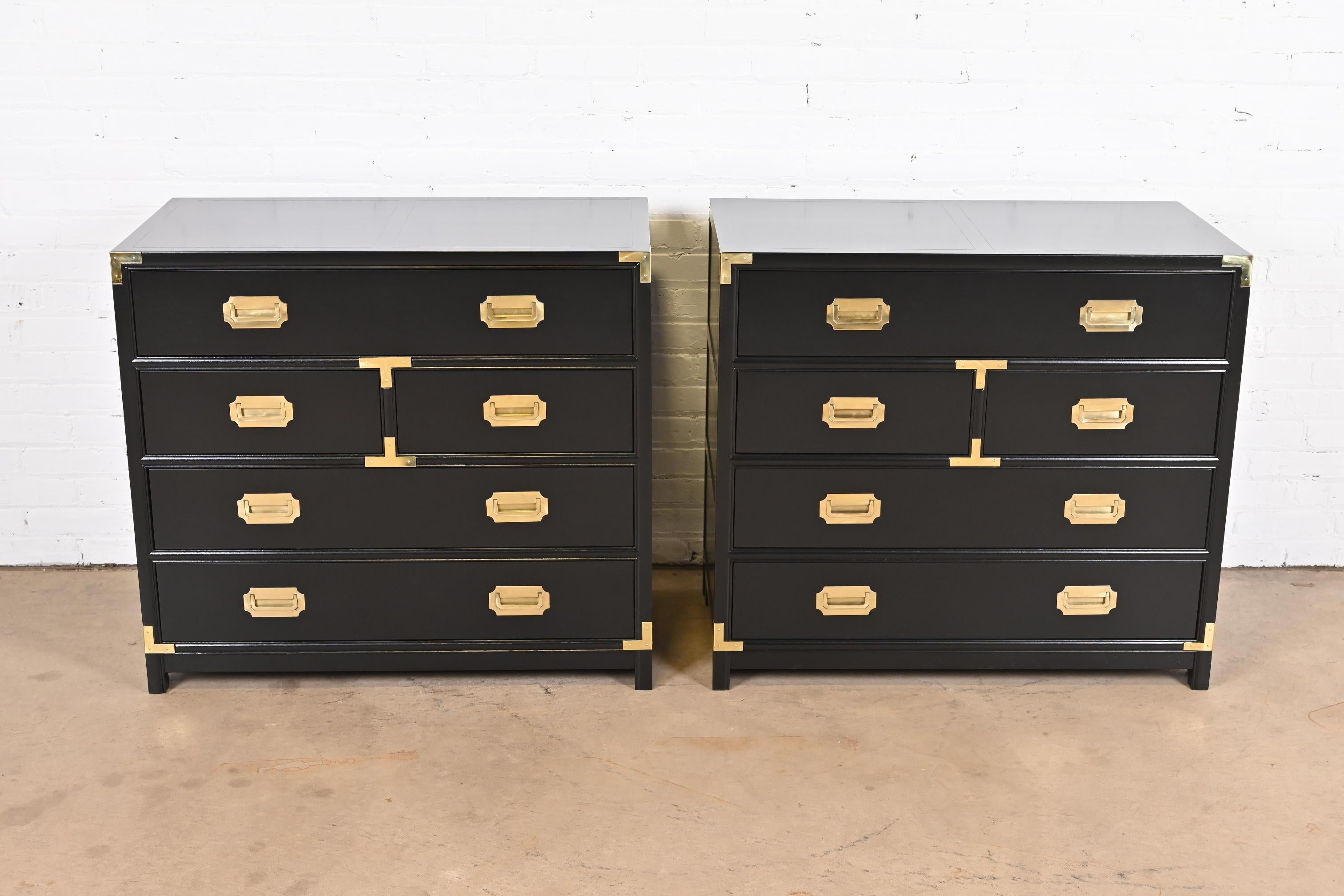 Michael Taylor for Baker Hollywood Regency Black Lacquered Campaign Chests, Pair In Good Condition In South Bend, IN