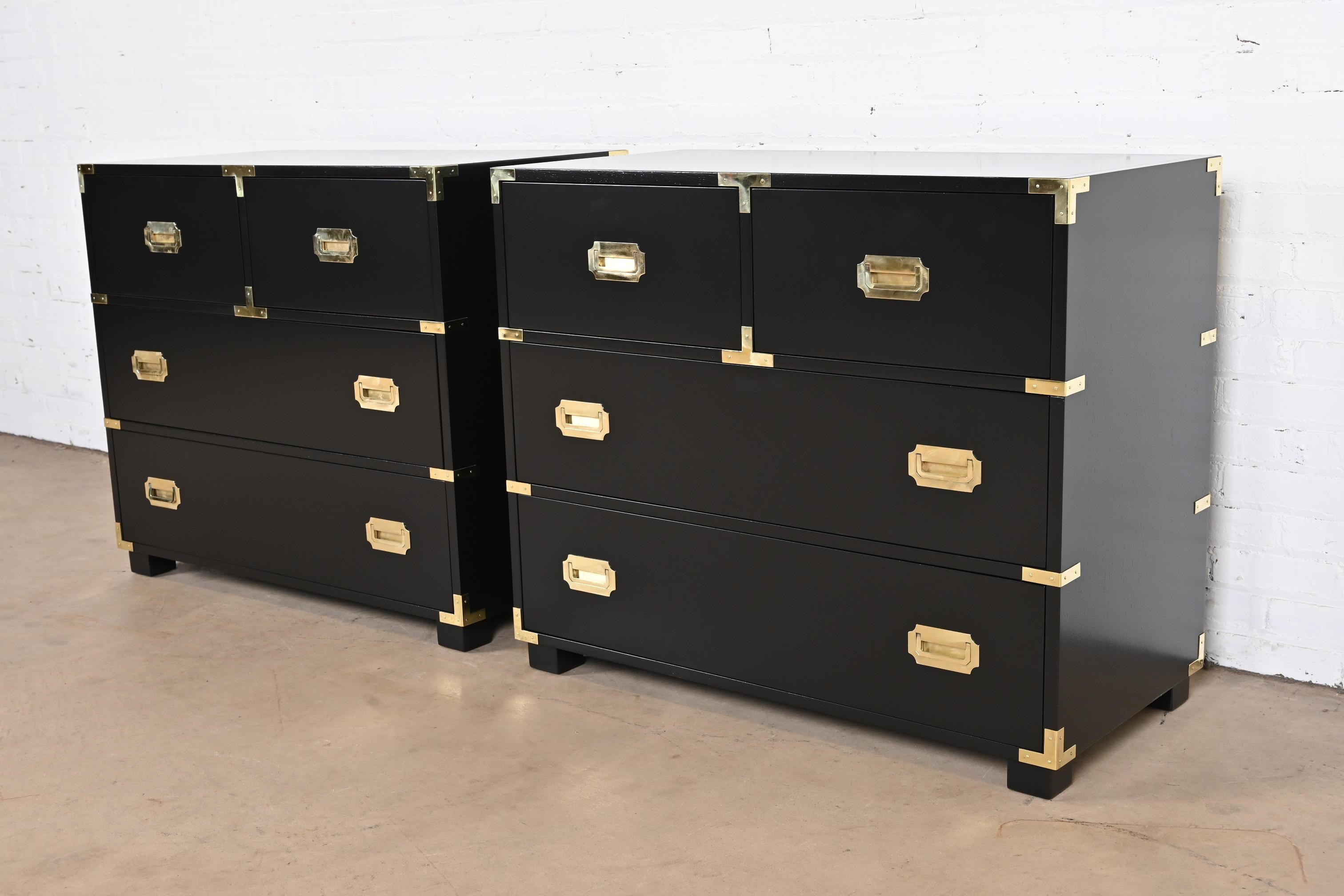 Michael Taylor for Baker Hollywood Regency Black Lacquered Campaign Chests, Pair In Good Condition In South Bend, IN