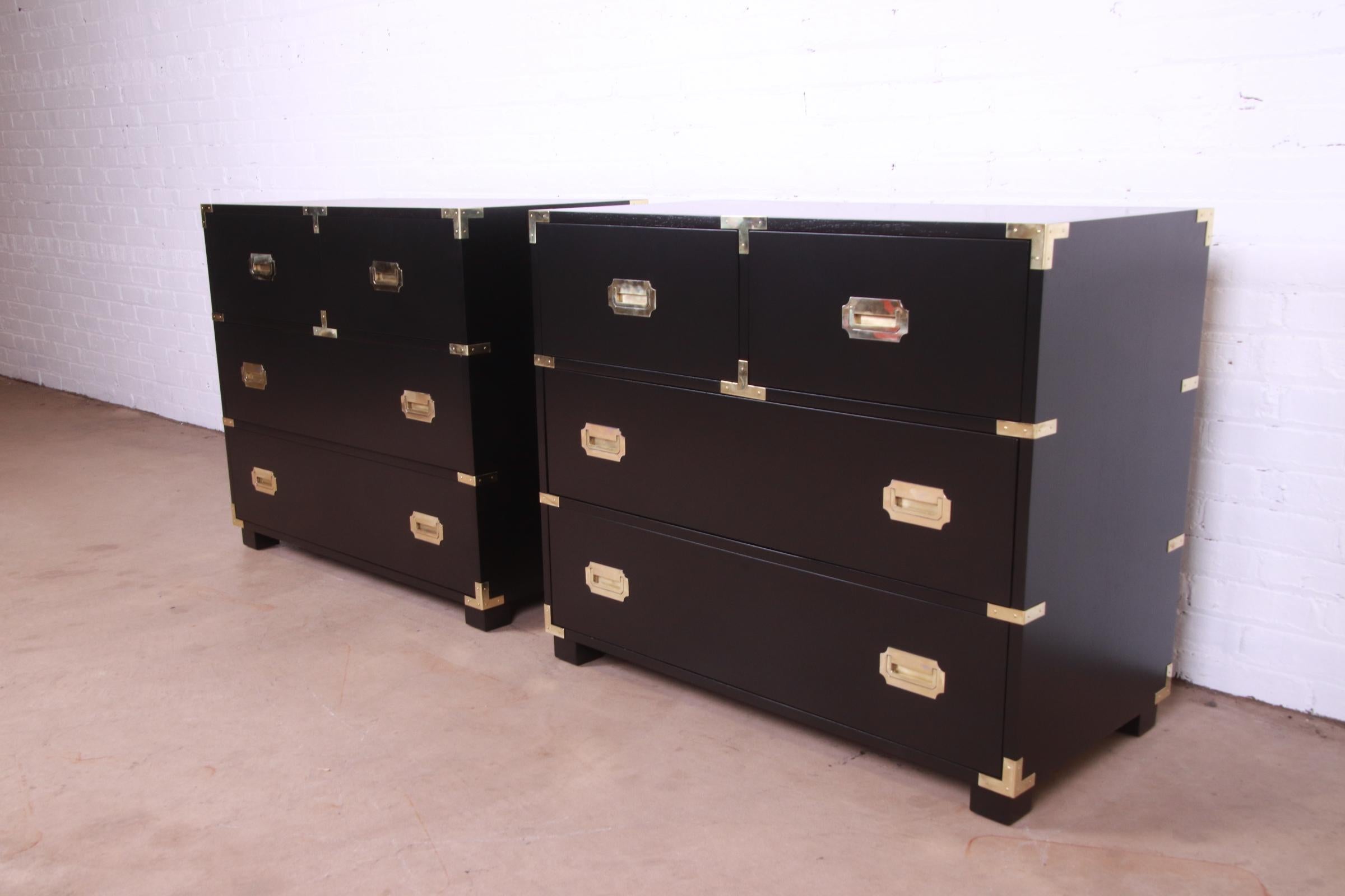 Mid-20th Century Michael Taylor for Baker Hollywood Regency Black Lacquered Campaign Chests, Pair