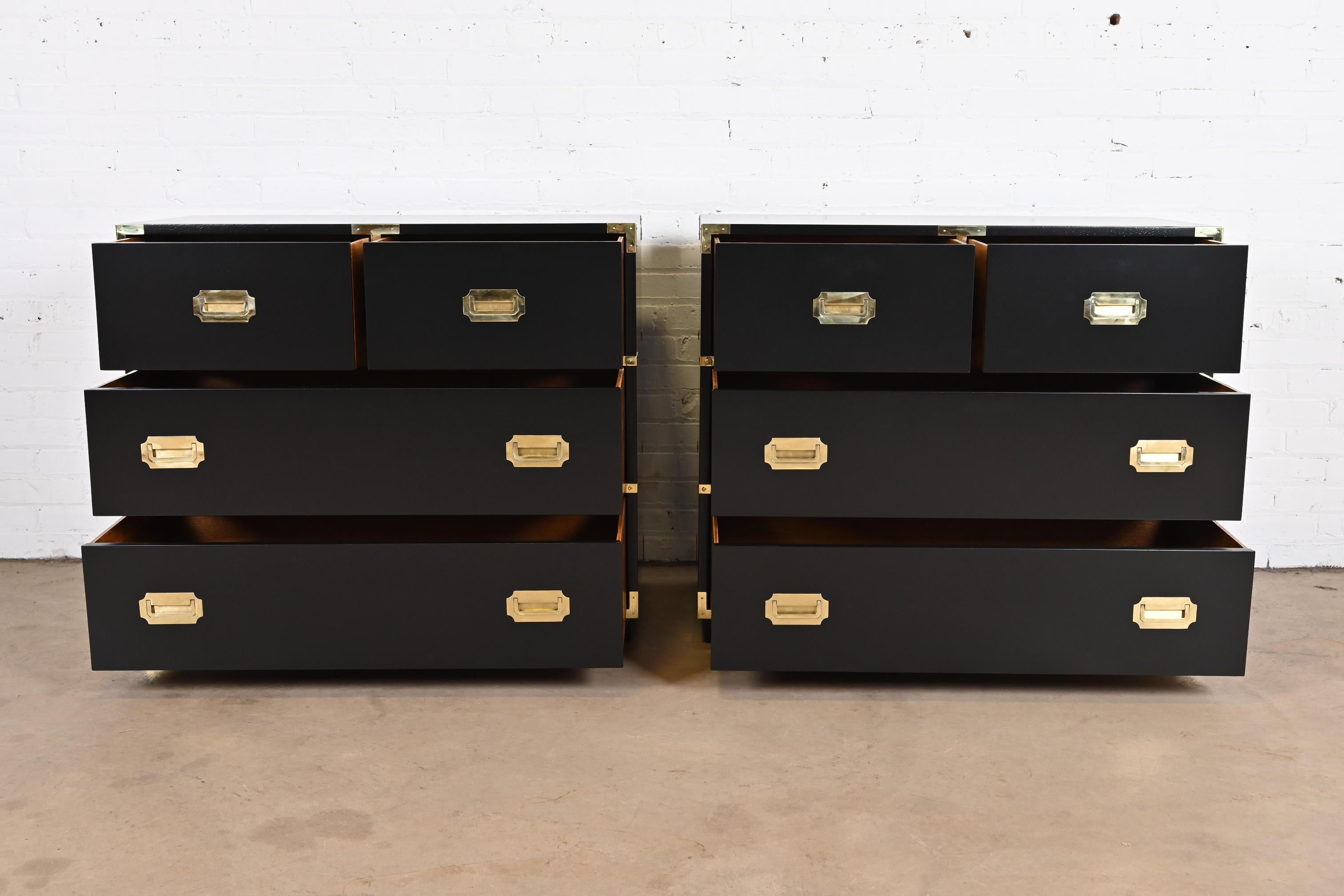 Michael Taylor for Baker Hollywood Regency Black Lacquered Campaign Chests, Pair 1