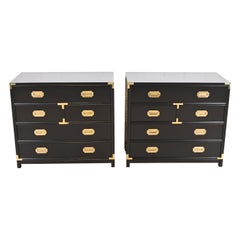 Michael Taylor for Baker Hollywood Regency Black Lacquered Campaign Chests, Pair