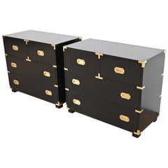 Michael Taylor for Baker Hollywood Regency Black Lacquered Campaign Chests, Pair