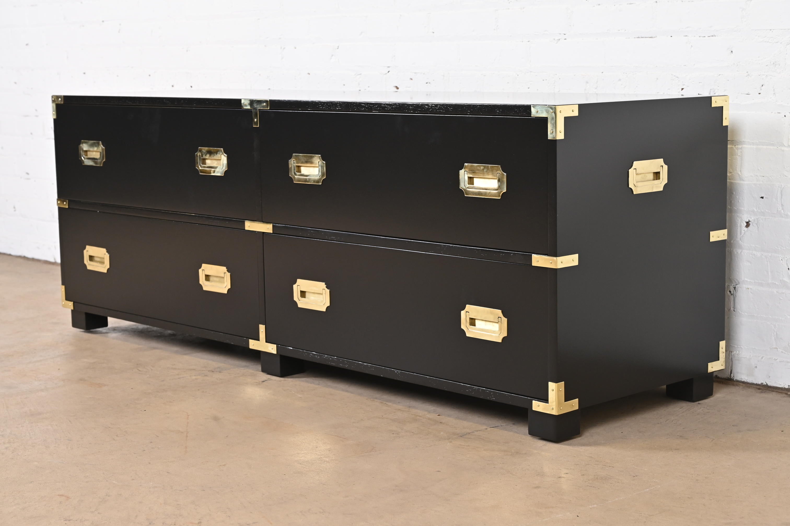 American Michael Taylor for Baker Hollywood Regency Black Lacquered Campaign Low Chest For Sale