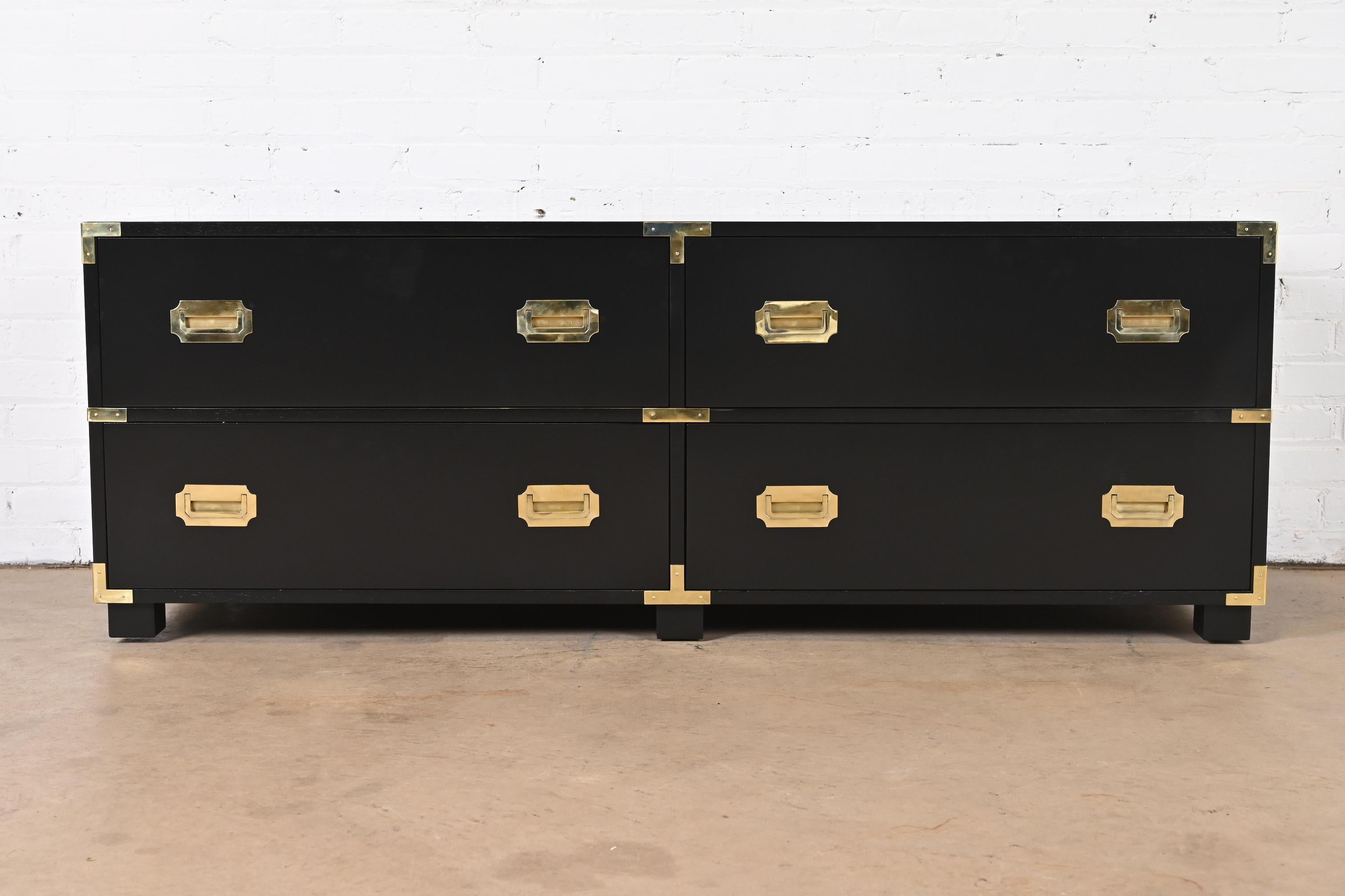 Michael Taylor for Baker Hollywood Regency Black Lacquered Campaign Low Chest In Good Condition For Sale In South Bend, IN