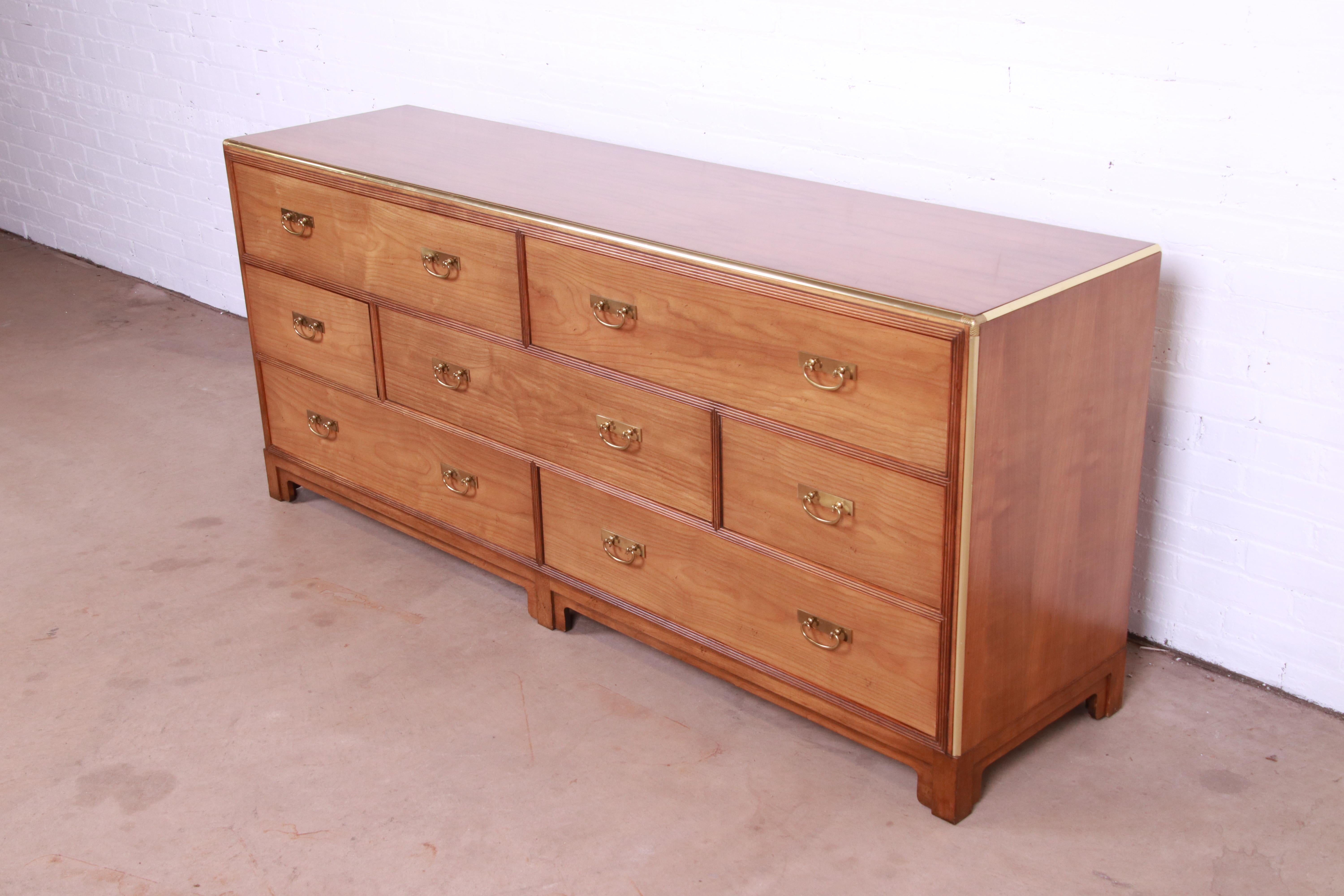 American Michael Taylor for Baker Hollywood Regency Cherry Wood and Brass Dresser For Sale