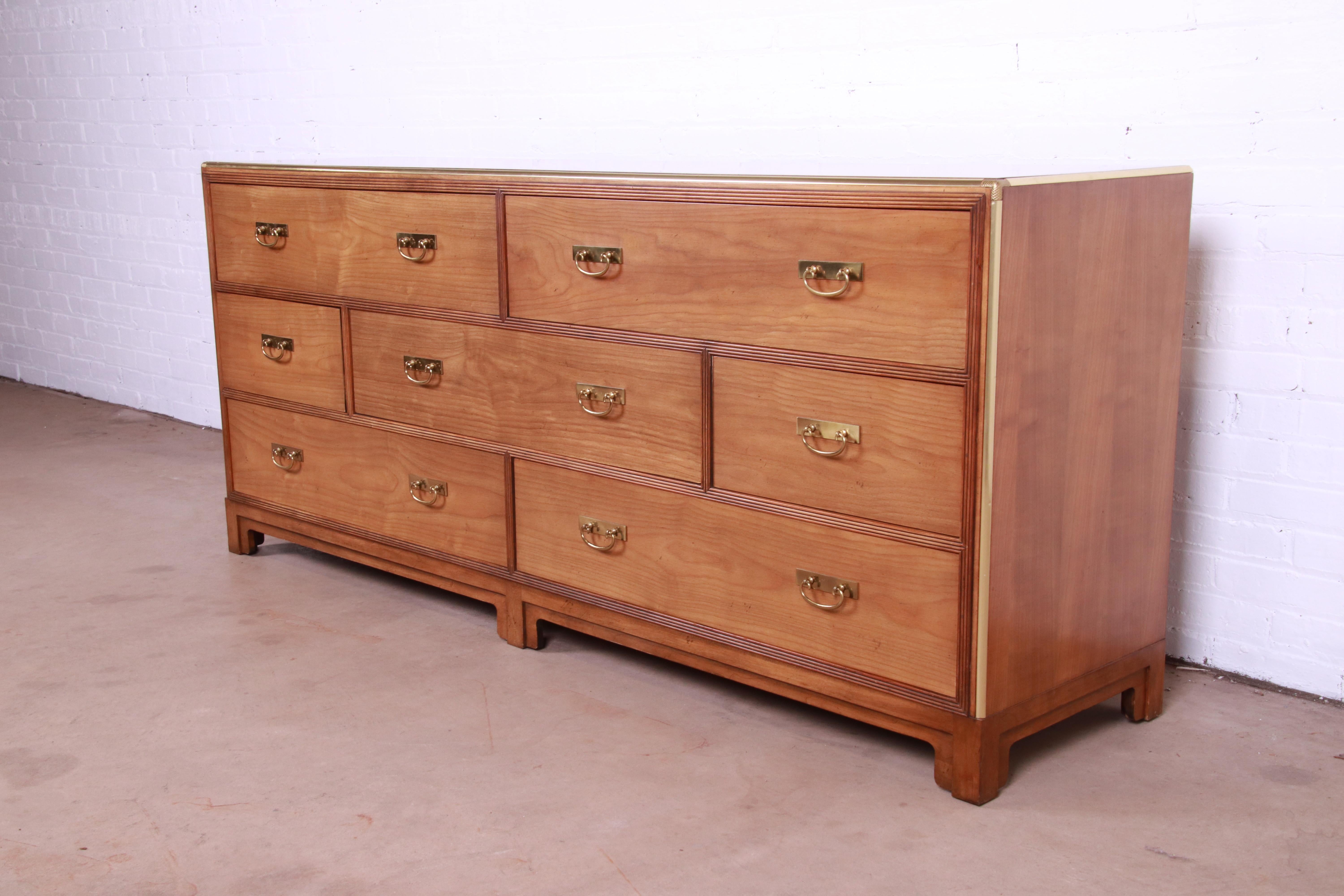 Michael Taylor for Baker Hollywood Regency Cherry Wood and Brass Dresser In Good Condition For Sale In South Bend, IN