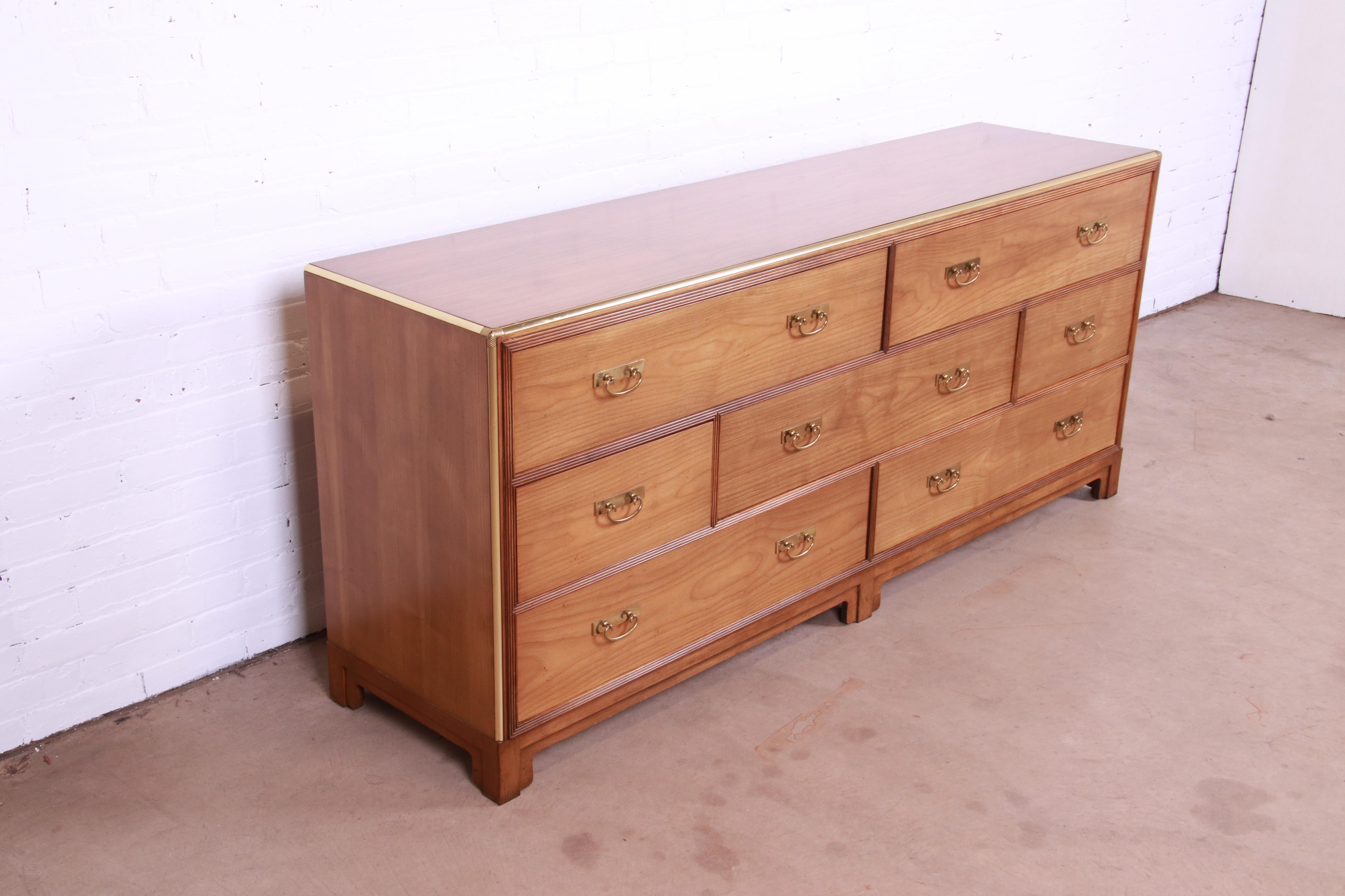 20th Century Michael Taylor for Baker Hollywood Regency Cherry Wood and Brass Dresser For Sale
