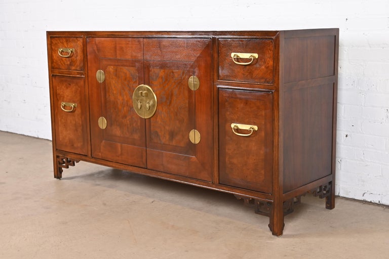 Mid-Century Modern Michael Taylor for Baker Hollywood Regency Chinoiserie Burled Walnut Sideboard