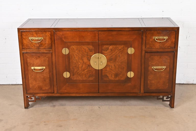 American Michael Taylor for Baker Hollywood Regency Chinoiserie Burled Walnut Sideboard