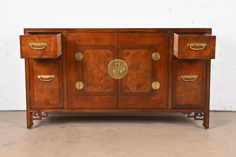 Brass Michael Taylor for Baker Hollywood Regency Chinoiserie Burled Walnut Sideboard