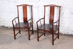 Michael Taylor for Baker Hollywood Regency Chinoiserie Walnut Armchairs, Pair