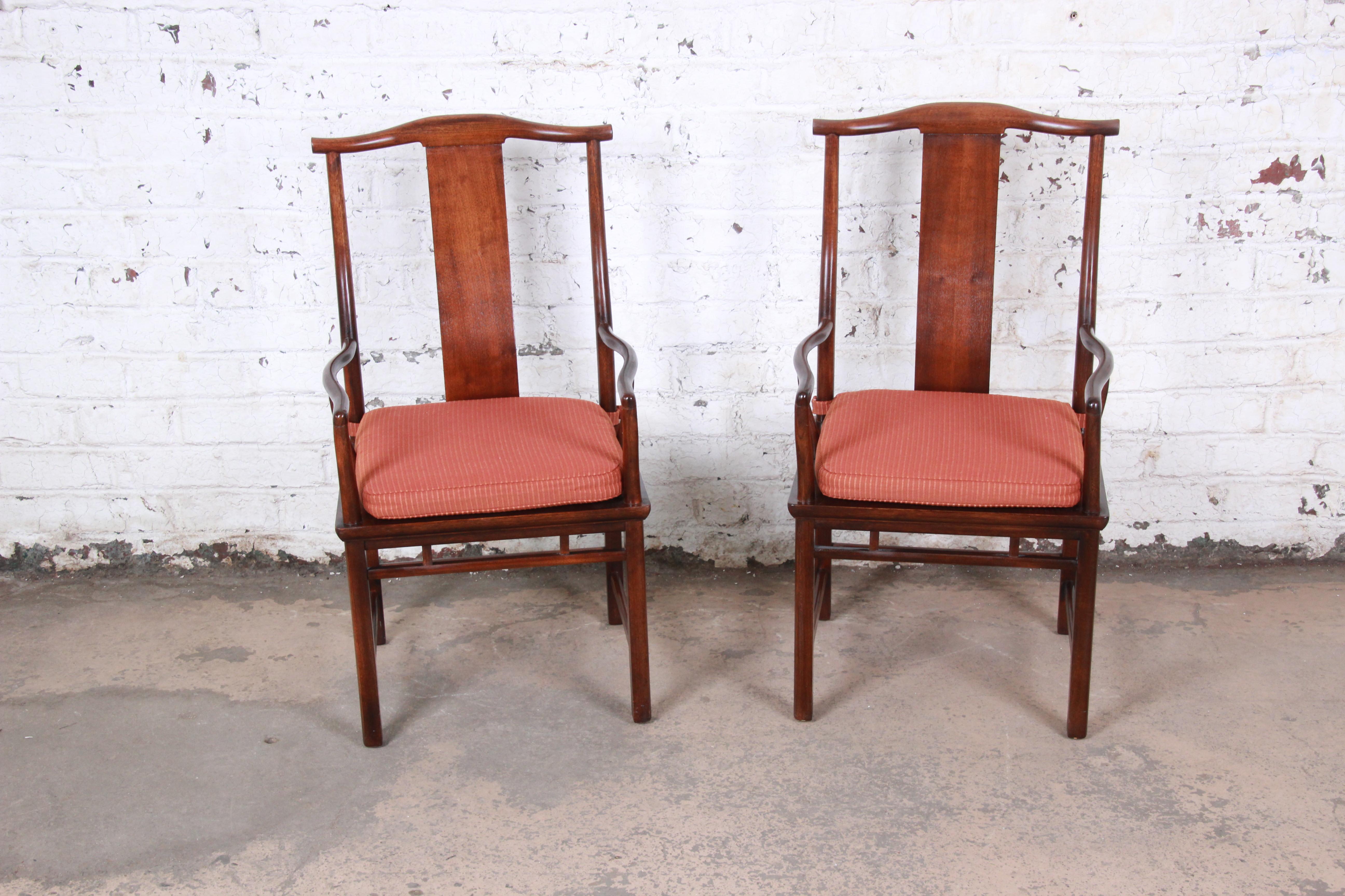 American Michael Taylor for Baker Hollywood Regency Chinoiserie Walnut Armchairs, Pair