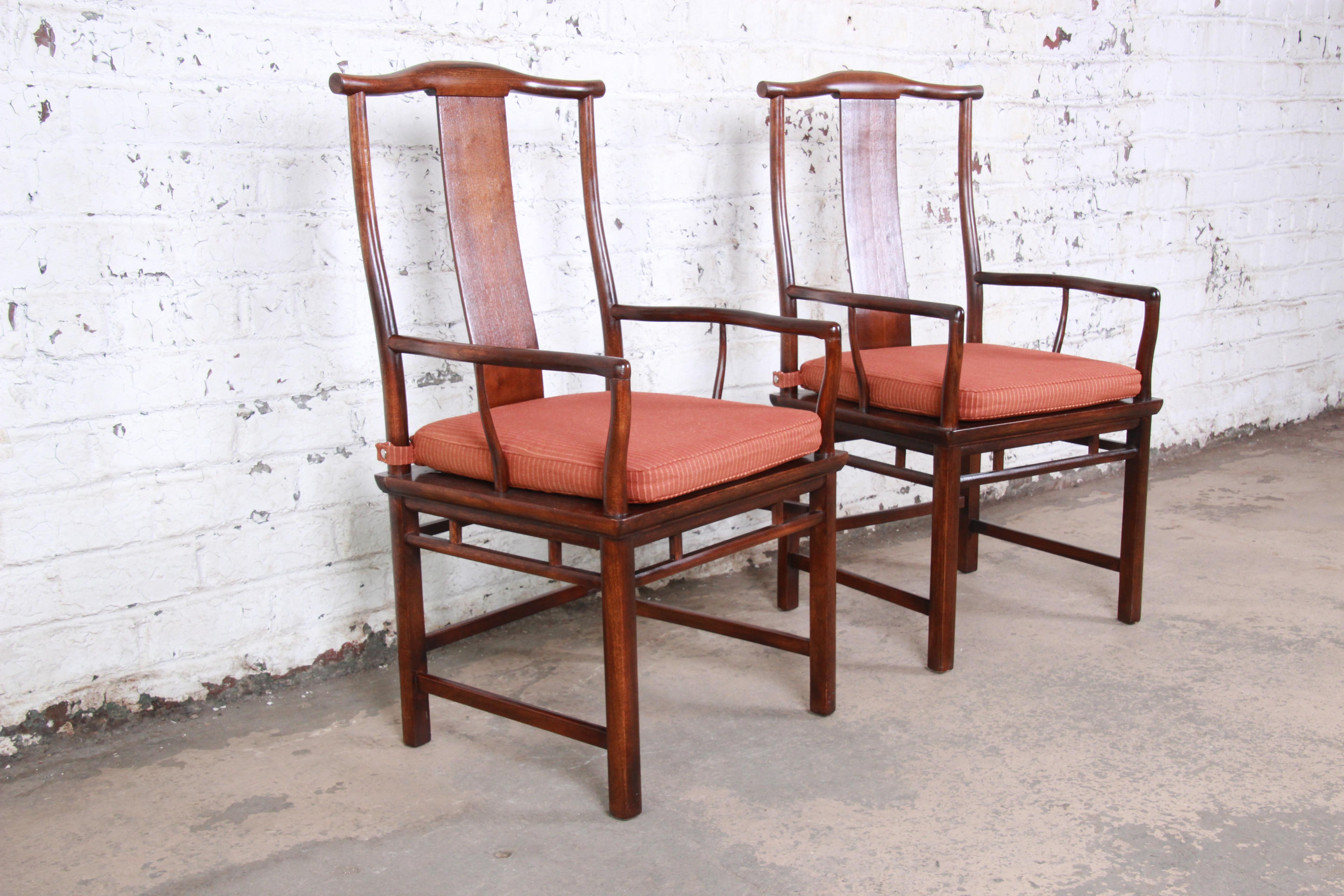 20th Century Michael Taylor for Baker Hollywood Regency Chinoiserie Walnut Armchairs, Pair