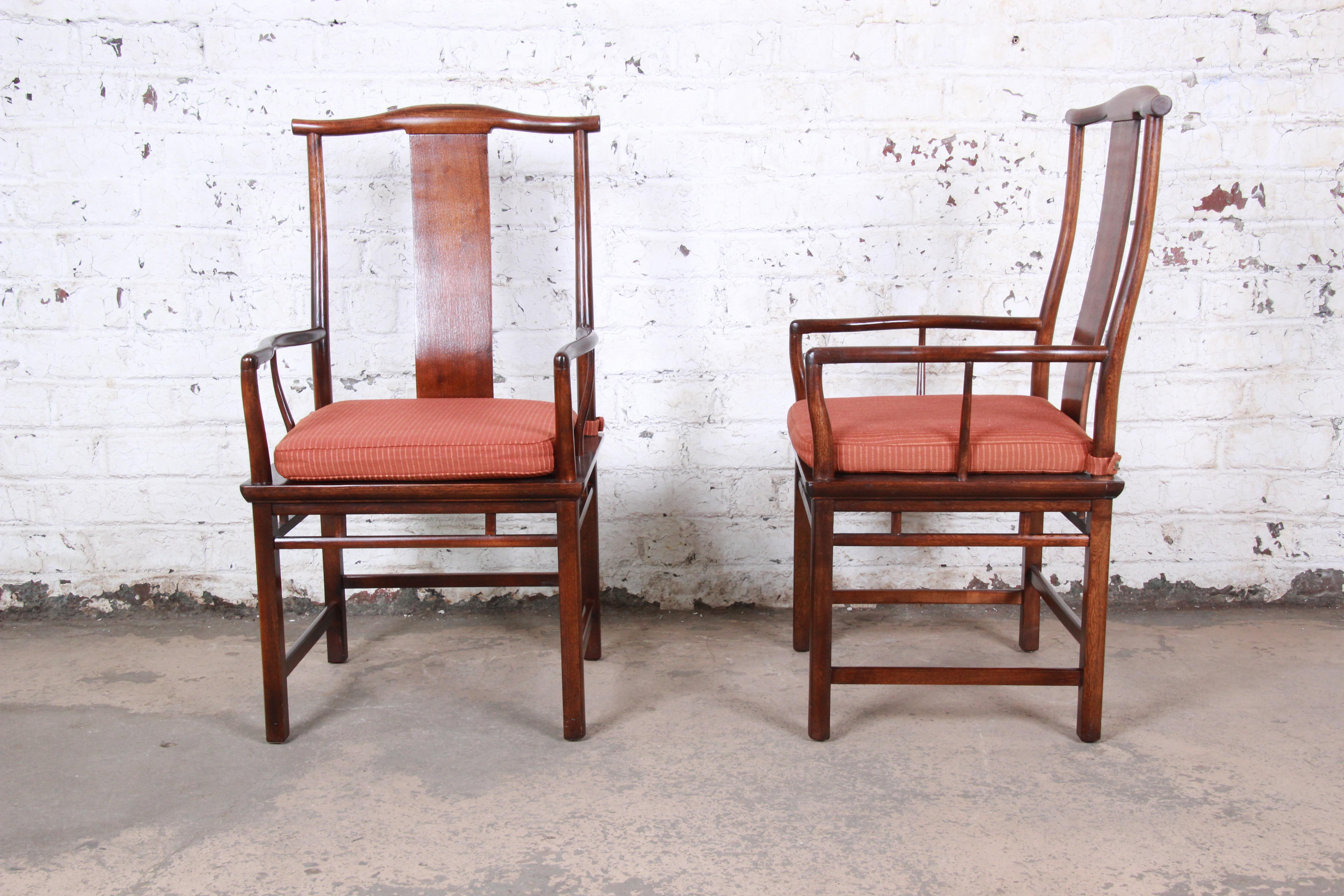 20th Century Michael Taylor for Baker Hollywood Regency Chinoiserie Walnut Armchairs, Pair