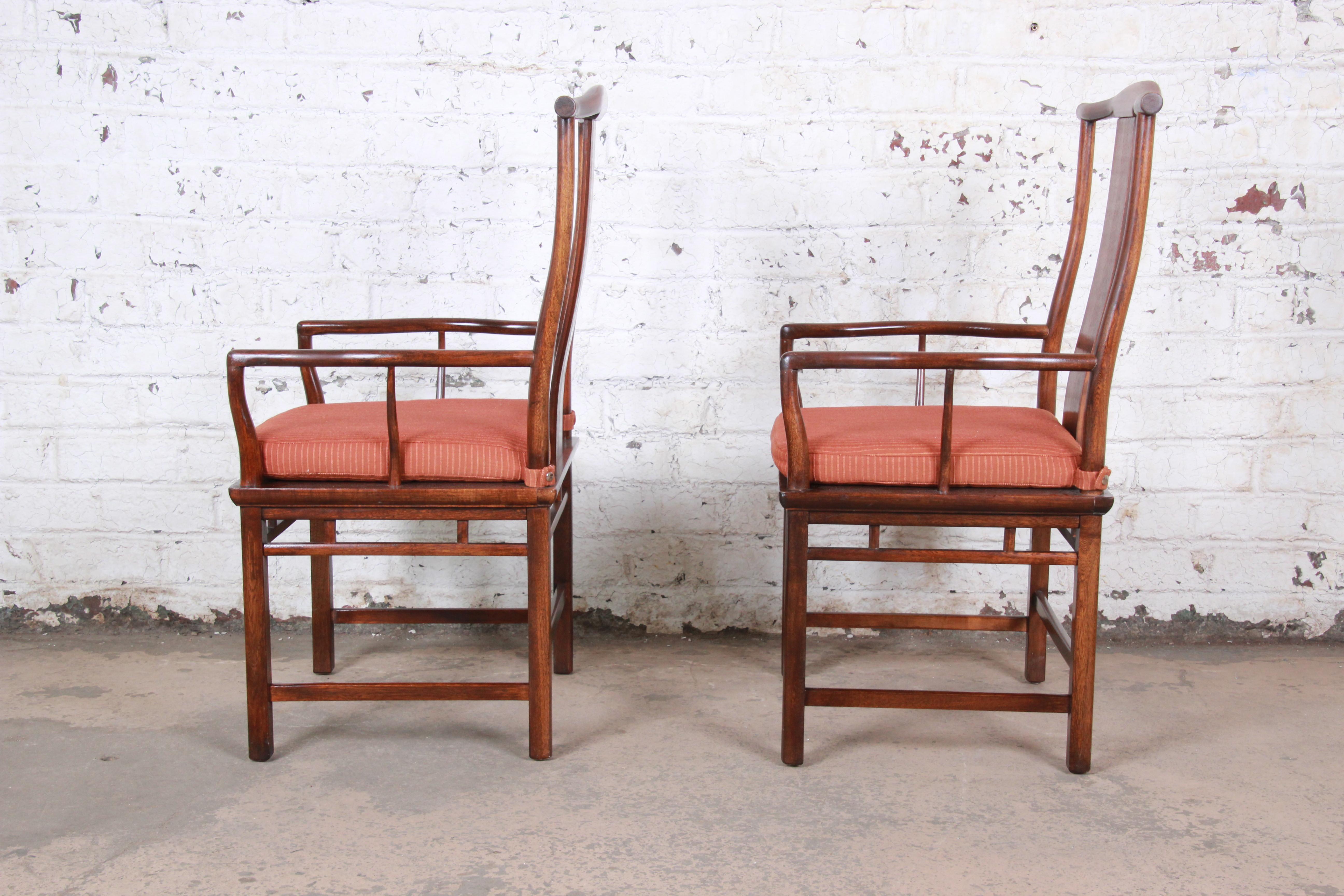 Upholstery Michael Taylor for Baker Hollywood Regency Chinoiserie Walnut Armchairs, Pair