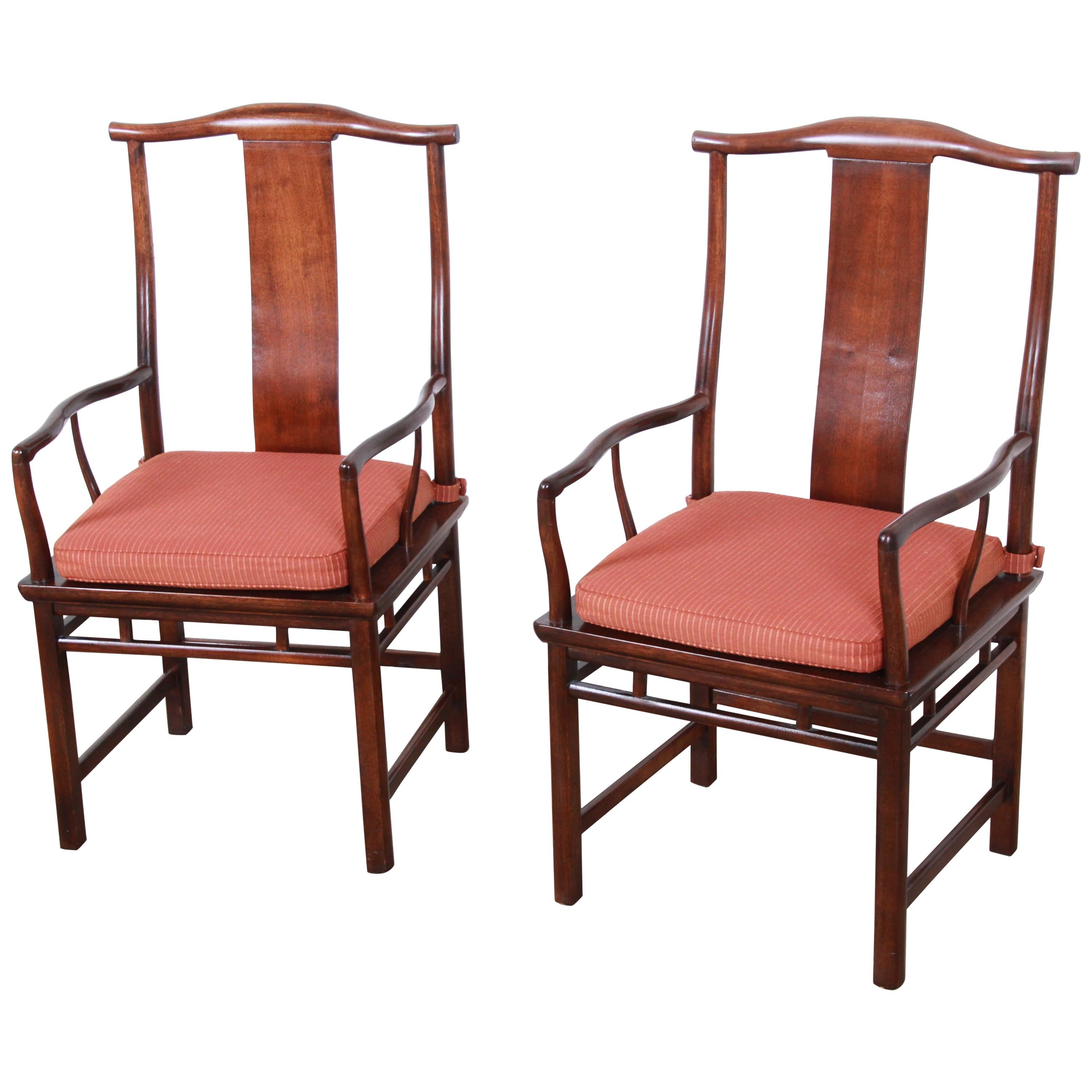 Michael Taylor for Baker Hollywood Regency Chinoiserie Walnut Armchairs, Pair