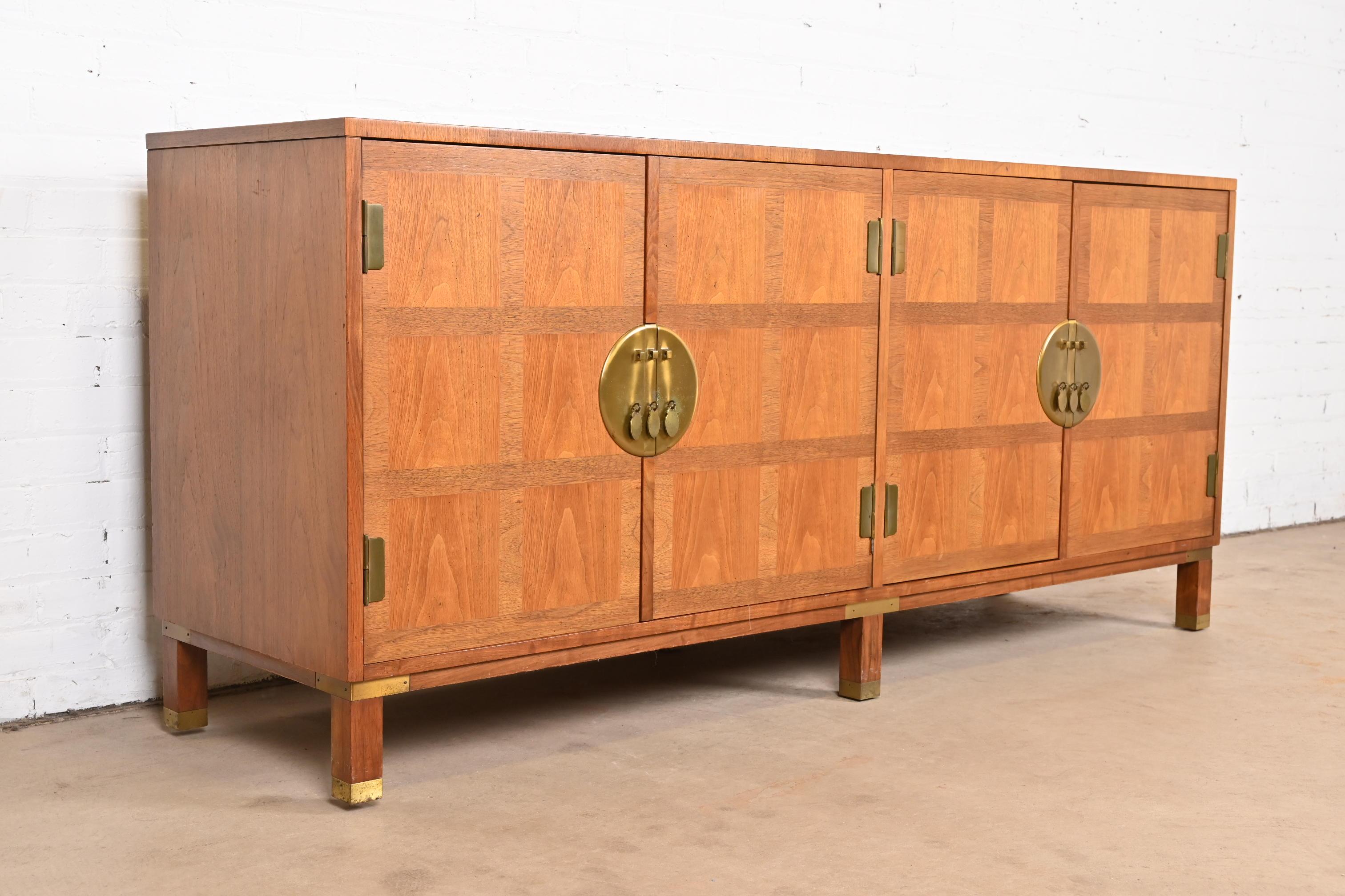Mid-20th Century Michael Taylor for Baker Hollywood Regency Chinoiserie Walnut Sideboard Credenza