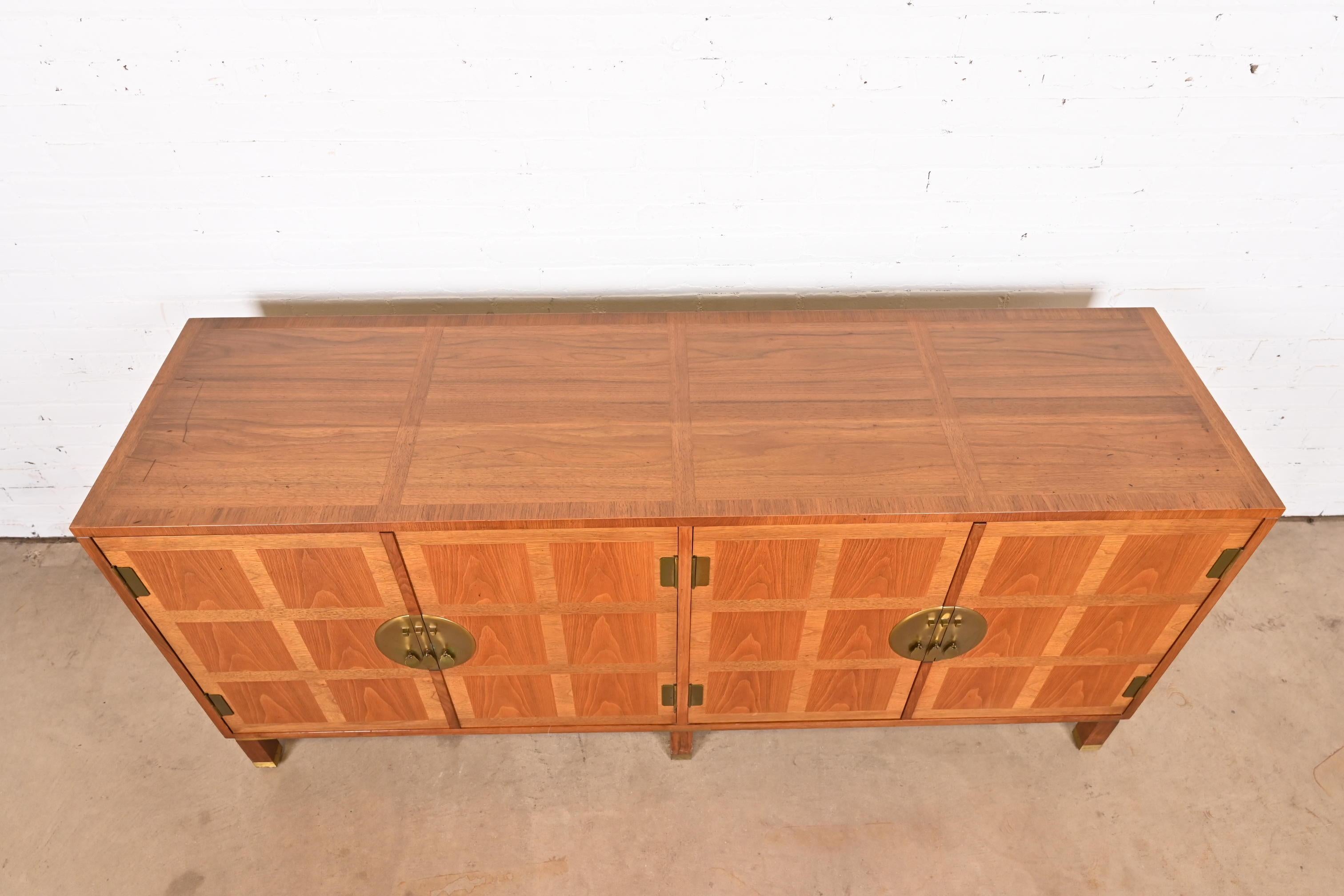 Brass Michael Taylor for Baker Hollywood Regency Chinoiserie Walnut Sideboard Credenza