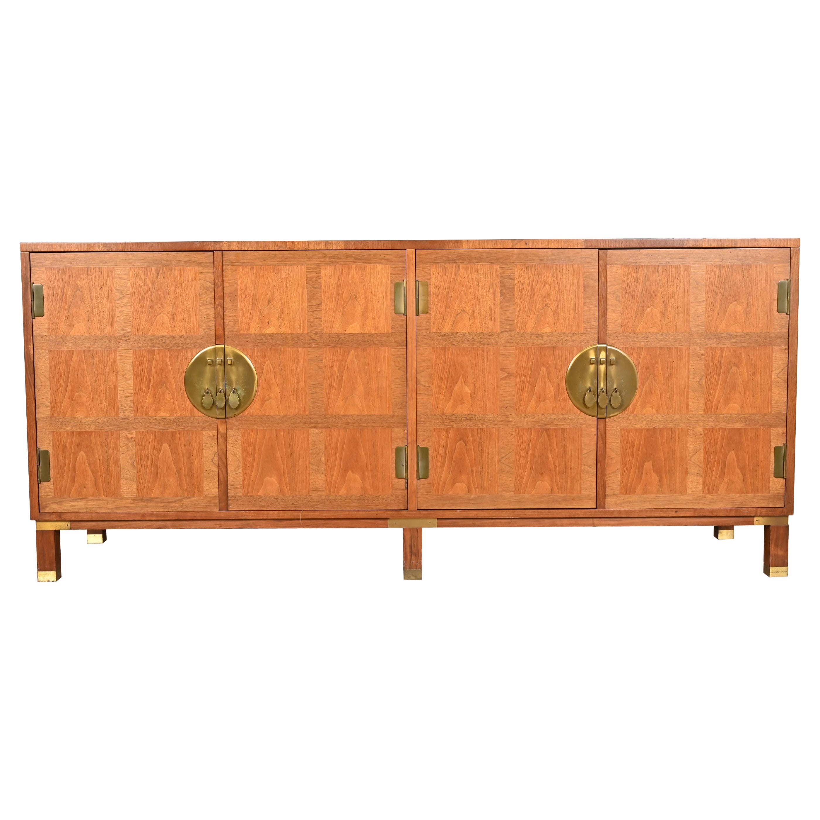 Michael Taylor for Baker Hollywood Regency Chinoiserie Walnut Sideboard Credenza