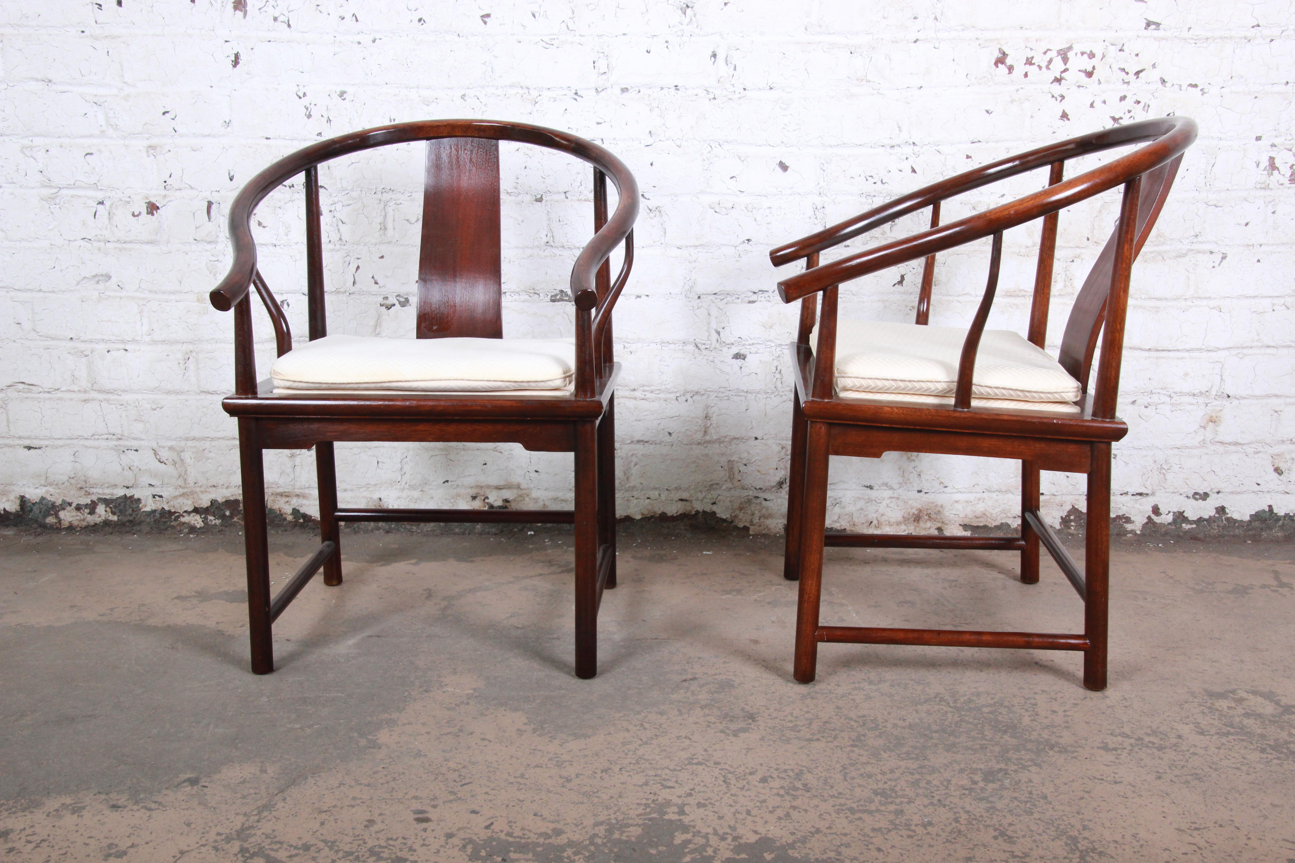 Chinoiserie Michael Taylor for Baker Hollywood Regency Walnut Horseshoe Lounge Chairs, Pair