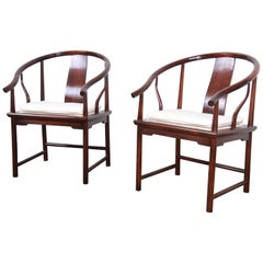 Michael Taylor for Baker Hollywood Regency Walnut Horseshoe Lounge Chairs, Pair