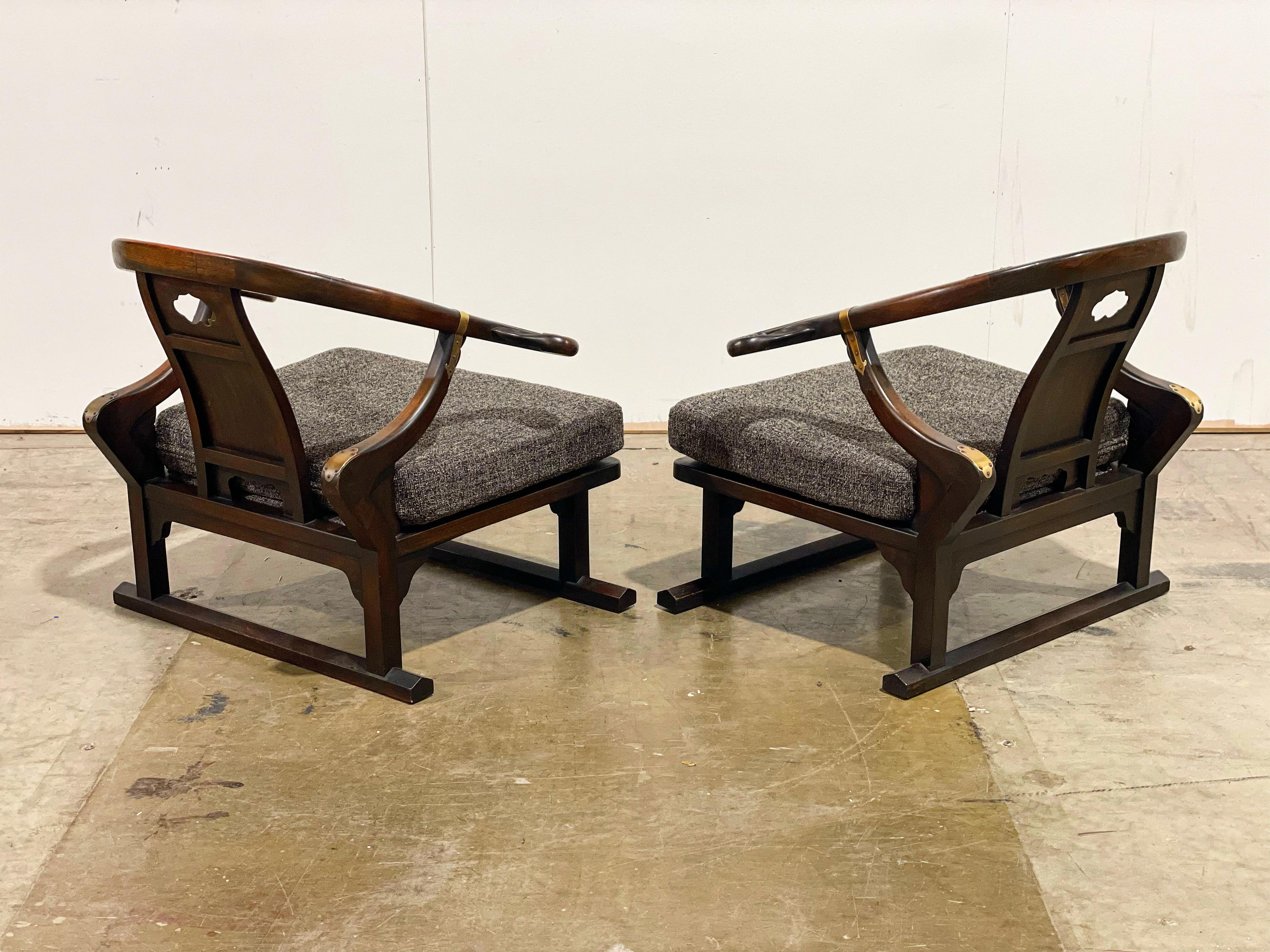 Michael Taylor for Baker Lounge Chairs, Walnut + Brass + Far East Collection 6
