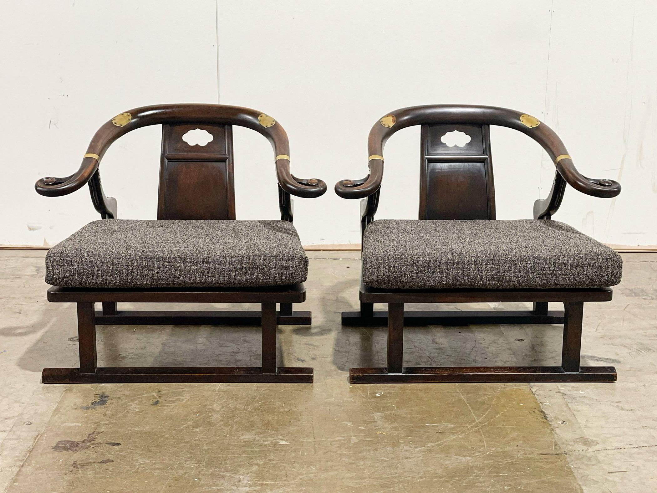 Michael Taylor for Baker Lounge Chairs, Walnut + Brass + Far East Collection 13