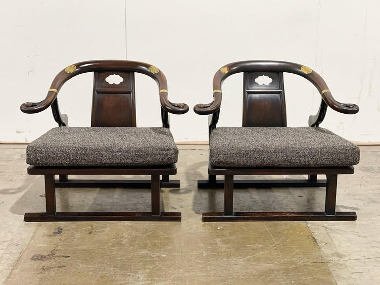 Michael Taylor for Baker Lounge Chairs, Walnut + Brass + Far East Collection For Sale 13
