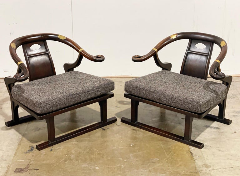 American Michael Taylor for Baker Lounge Chairs, Walnut + Brass + Far East Collection For Sale