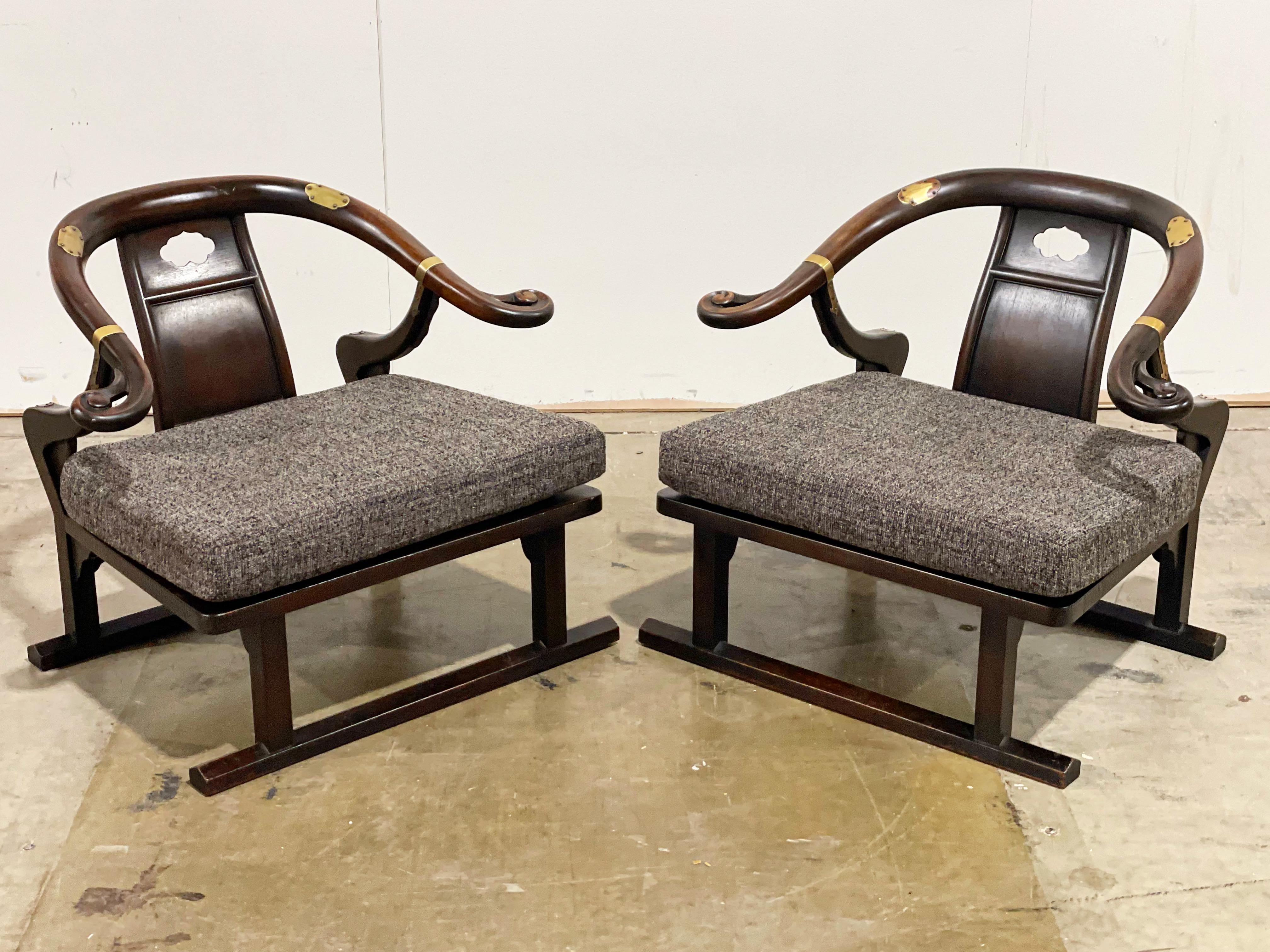 Michael Taylor for Baker Lounge Chairs, Walnut + Brass + Far East Collection In Good Condition In Decatur, GA