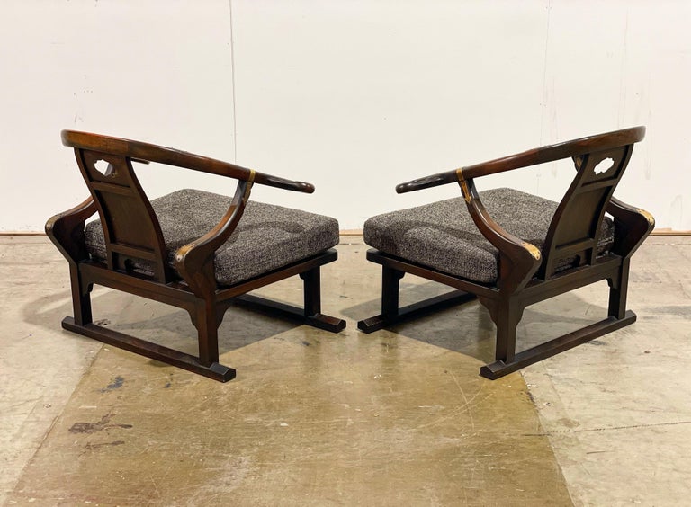Michael Taylor for Baker Lounge Chairs, Walnut + Brass + Far East Collection For Sale 2